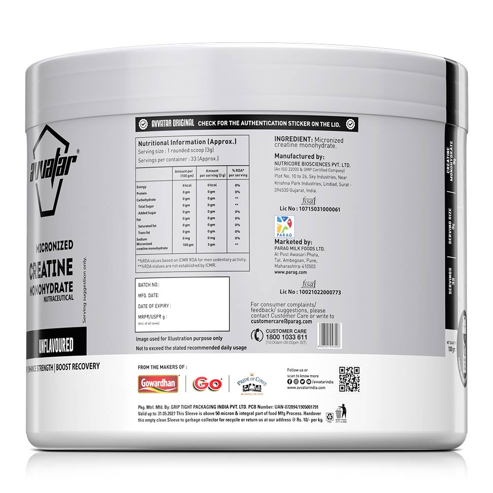 Avvatar Micronized Creatine Monohydrate 100 Gm Unflavoured