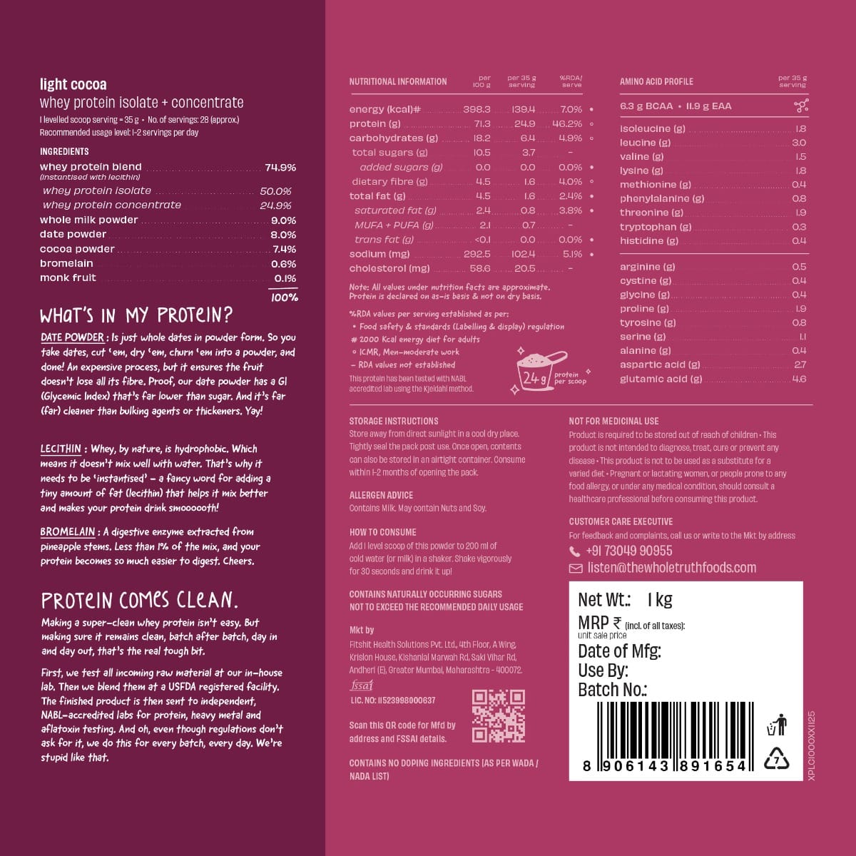 The Whole Truth Whey Protein Isolate+Concentrate 1 Kg Light Cocoa