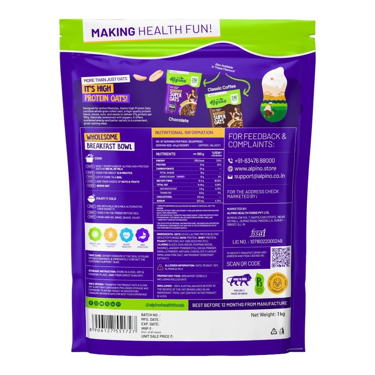 ALPINO HIGH PROTEIN OATS 1 KG DARK CHOCOLATE - back