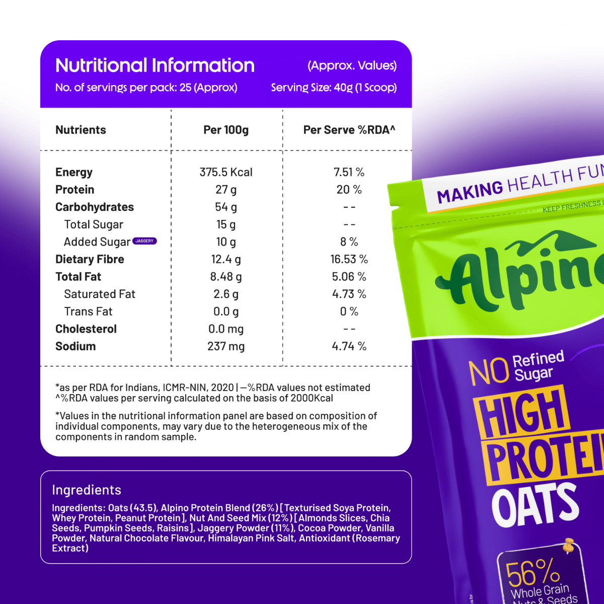 ALPINO HIGH PROTEIN OATS 1 KG DARK CHOCOLATE - nutrition facts