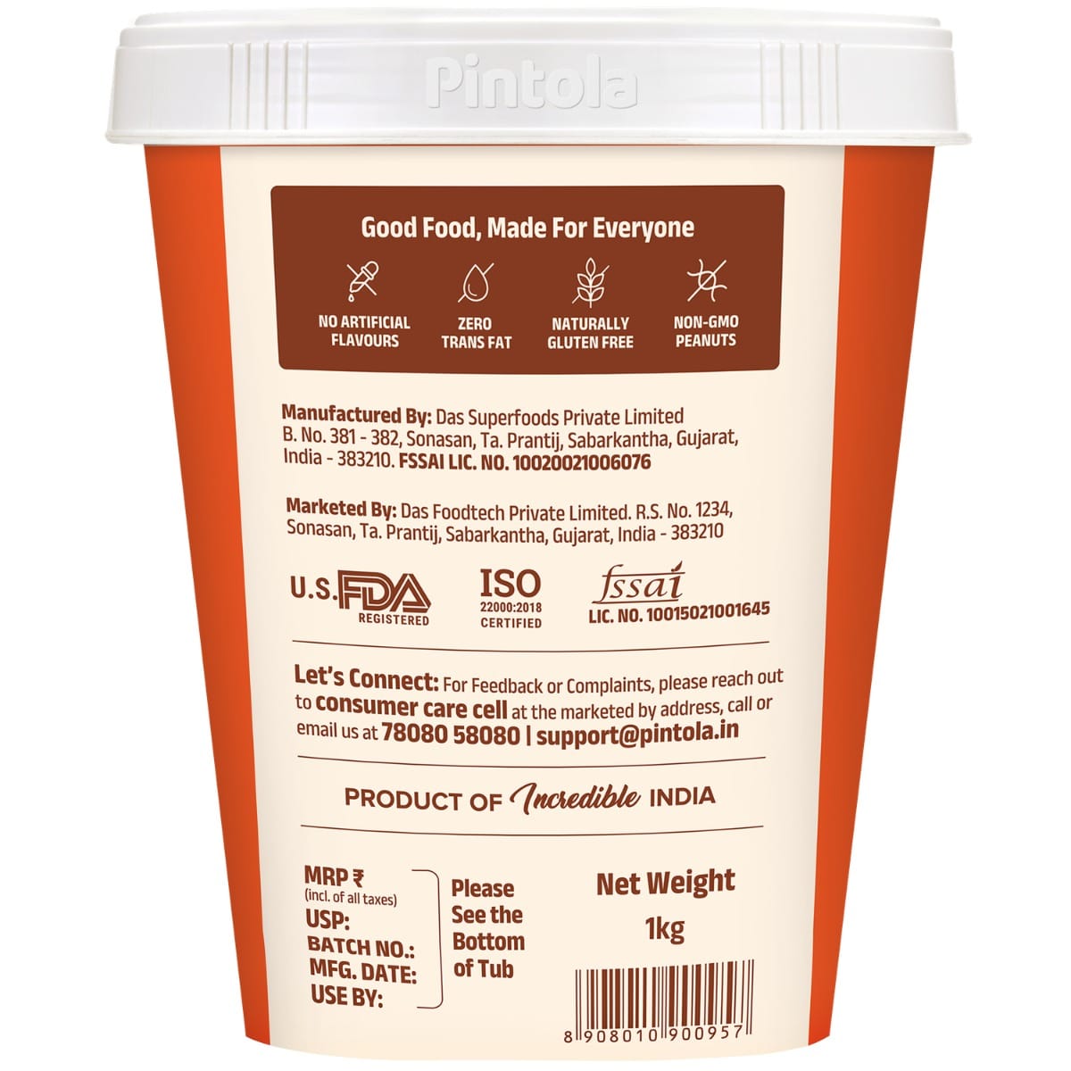 Pintola High Protein Peanut Butter 1 Kg Dark Chocolate Creamy