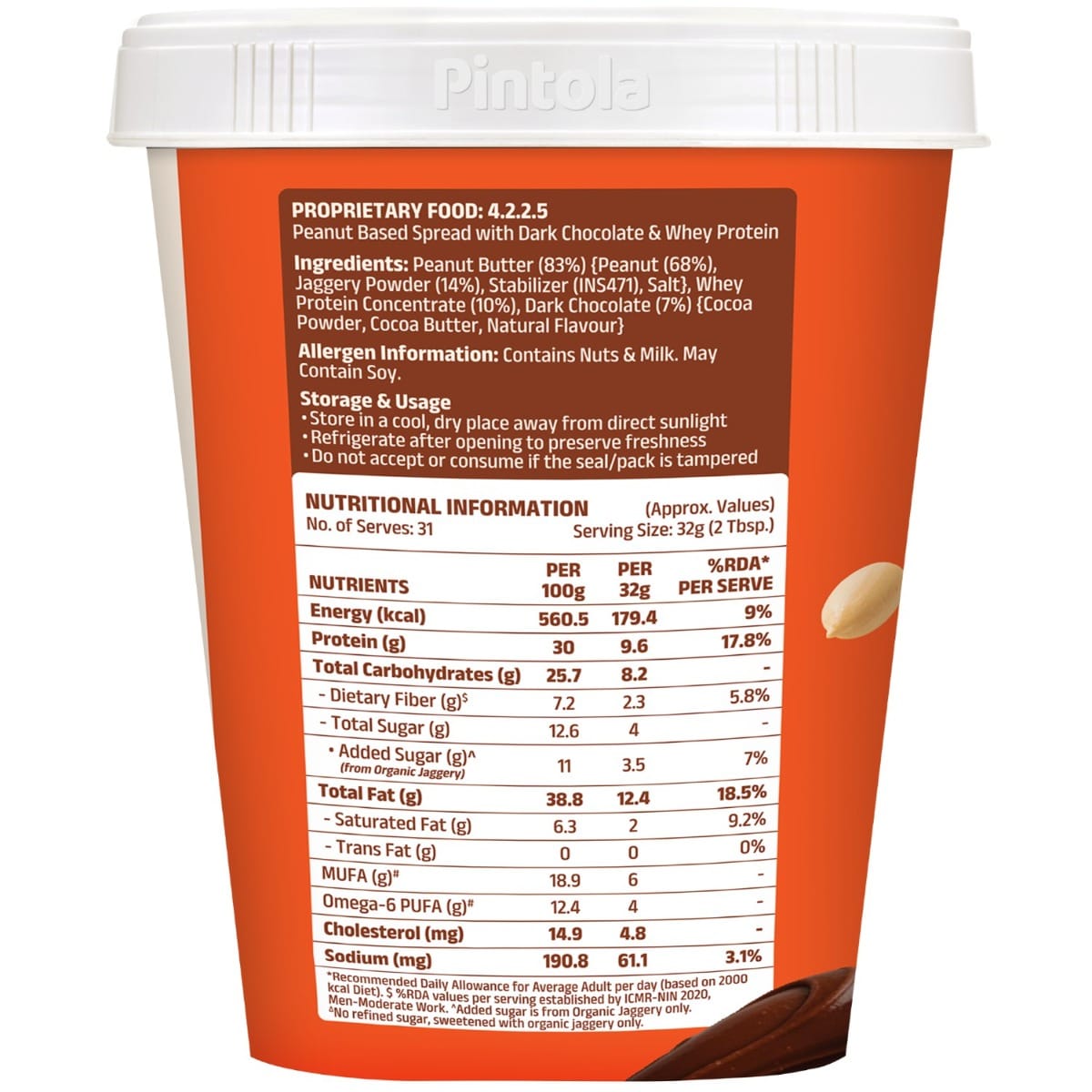 Pintola High Protein Peanut Butter 1 Kg Dark Chocolate Creamy