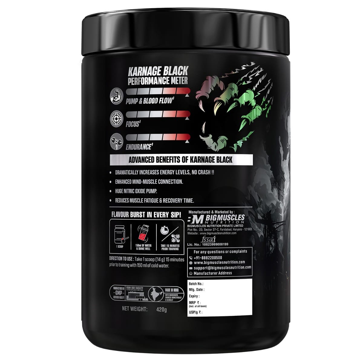 BIGMUSCLES KARNAGE BLACK THE END OF PRE-WORKOUTS 420 GM TIGERS BLOOD