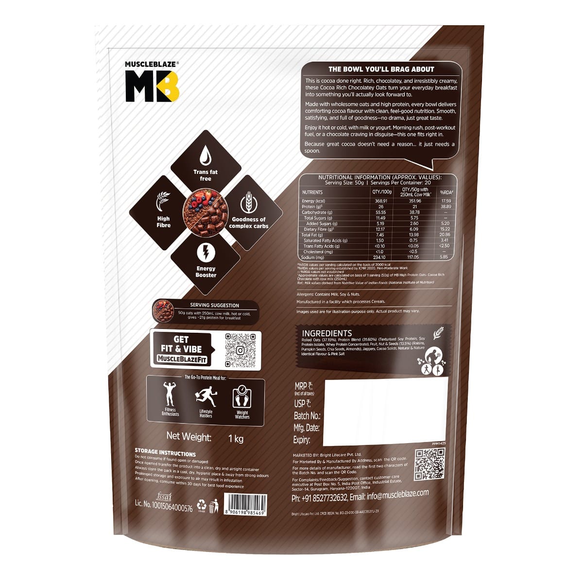 Muscleblaze High Protein Oats 1 Kg Cocoa Rich Chocolate