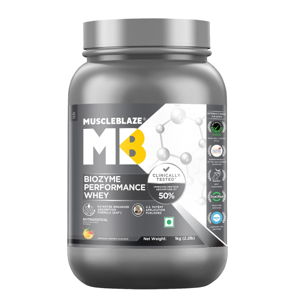 Muscleblaze Biozyme Performance Whey 1 Kg Magical Mango - front