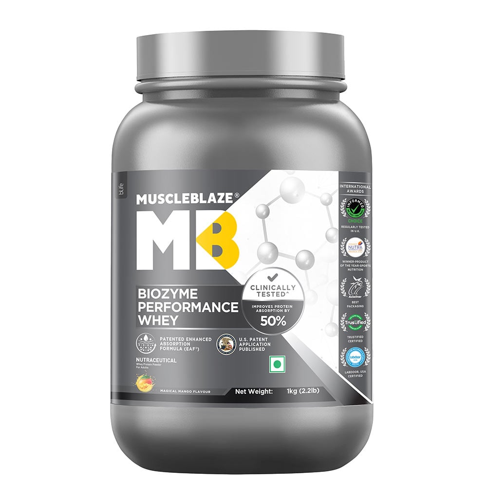 Muscleblaze Biozyme Performance Whey 1 Kg Magical Mango - Front