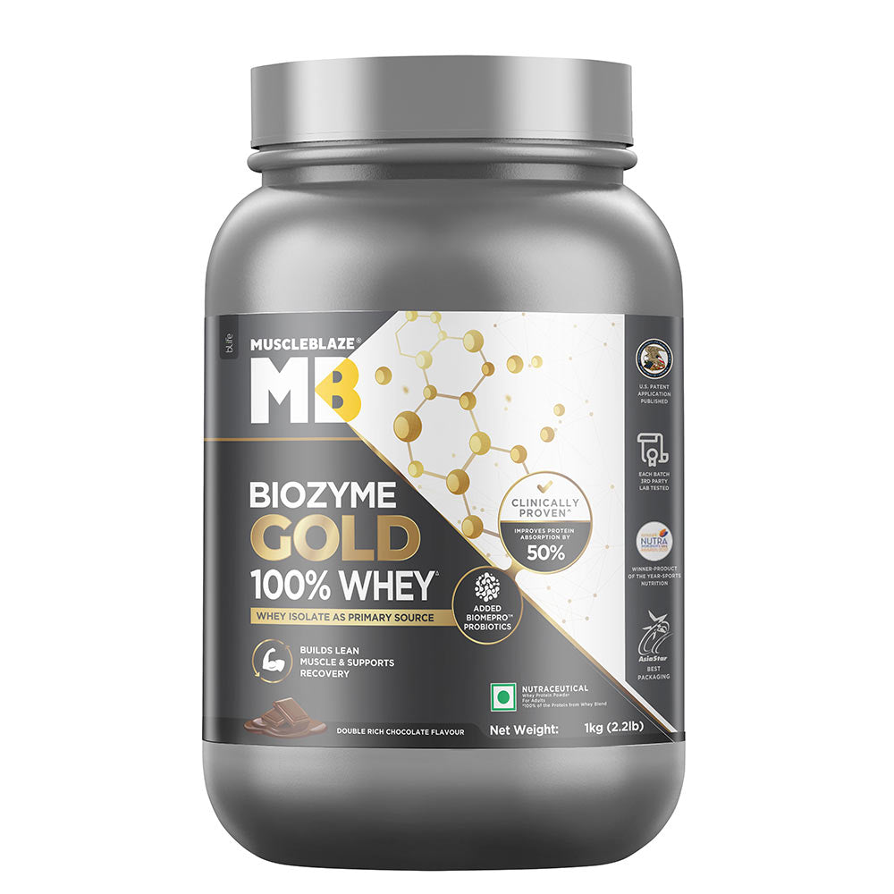 Muscleblaze Biozyme Gold 100% Whey 1 Kg Double Rich Chocolate - Front
