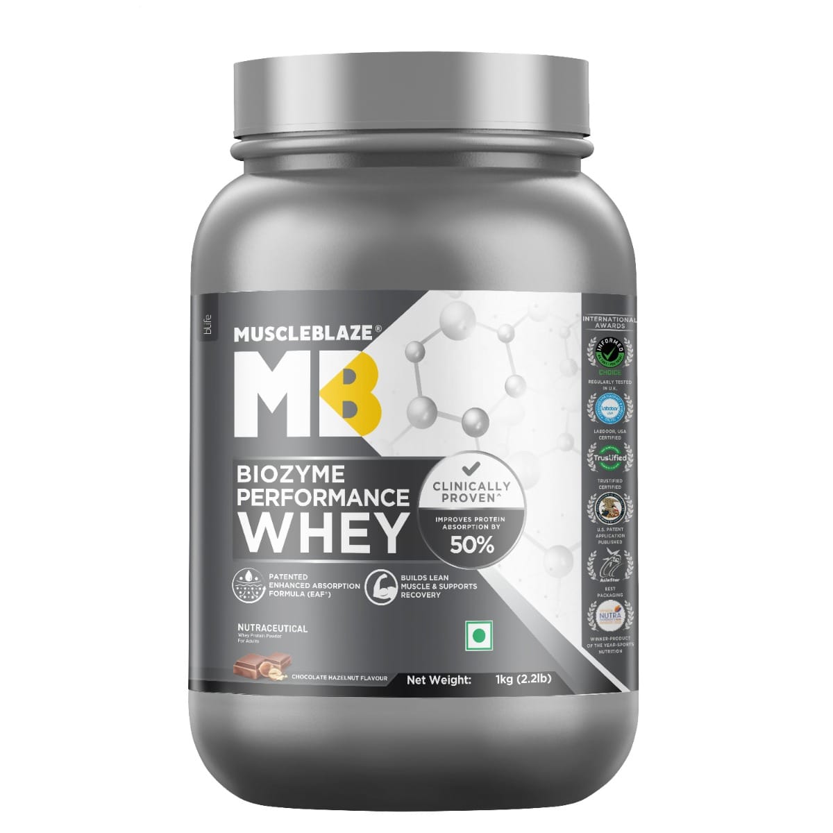Muscleblaze Biozyme Performance Whey 1 Kg Chocolate Hazelnut - front