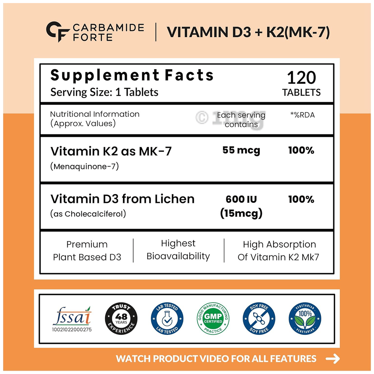 Carbamide Forte Menavon Vitamin D3+K2 120 Tablets