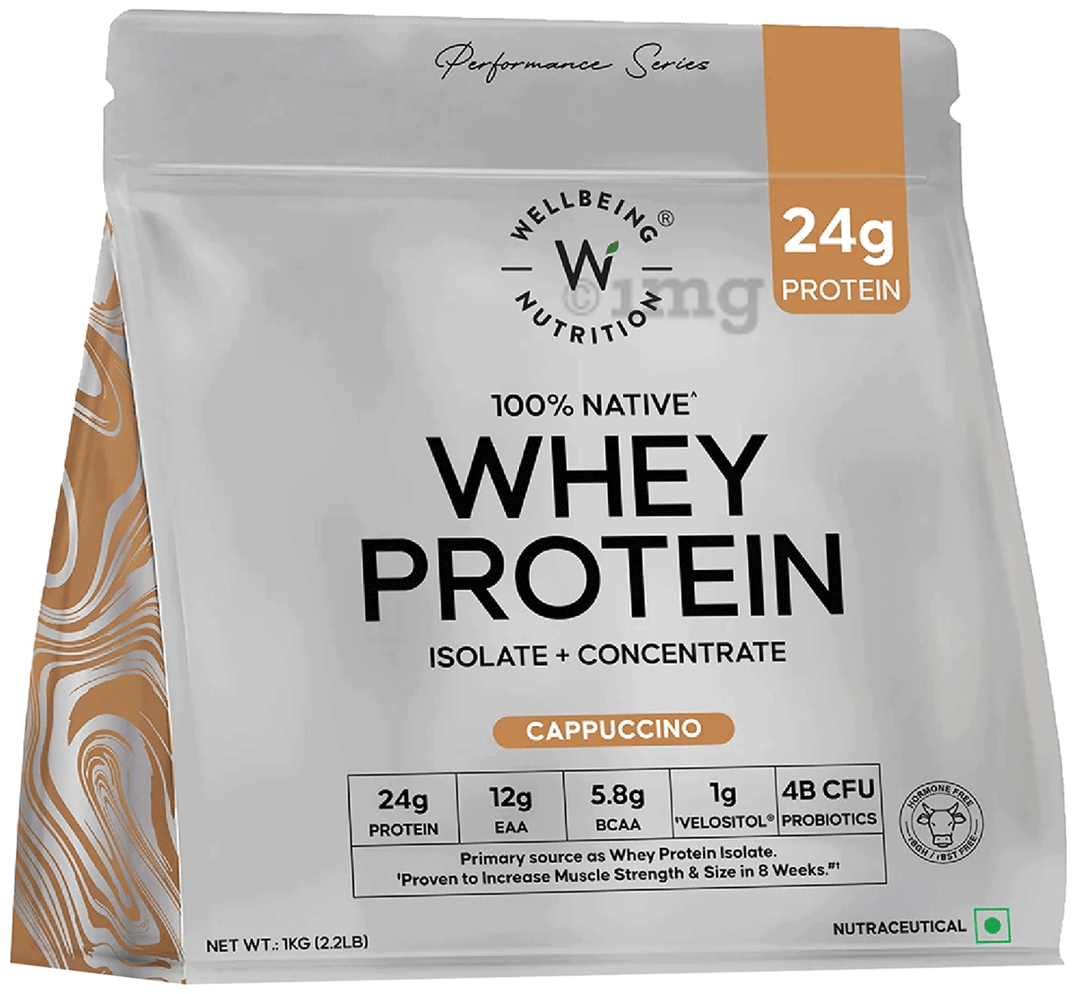 Wellbeing Nutrition 100% Native Whey Protein Isolate + Concentrate 1 Kg Cappuccino - front
