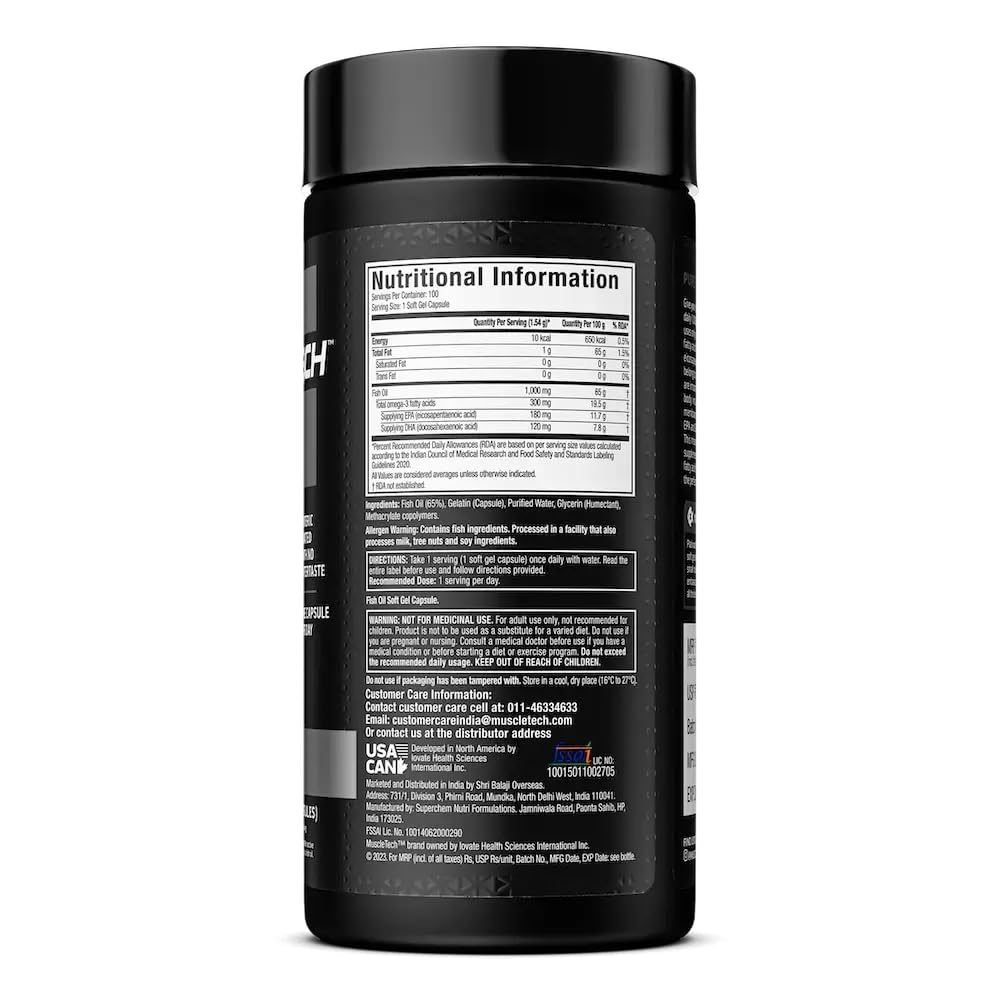 MuscleTech Platinum 100% Fish Oil For Men And Women, 1000Mg Omega 3 With 180 Mg Epa & 120 Mg Dha For Heart, Joints & Brain Health, 100 Softgels, 1 count, 100 servings