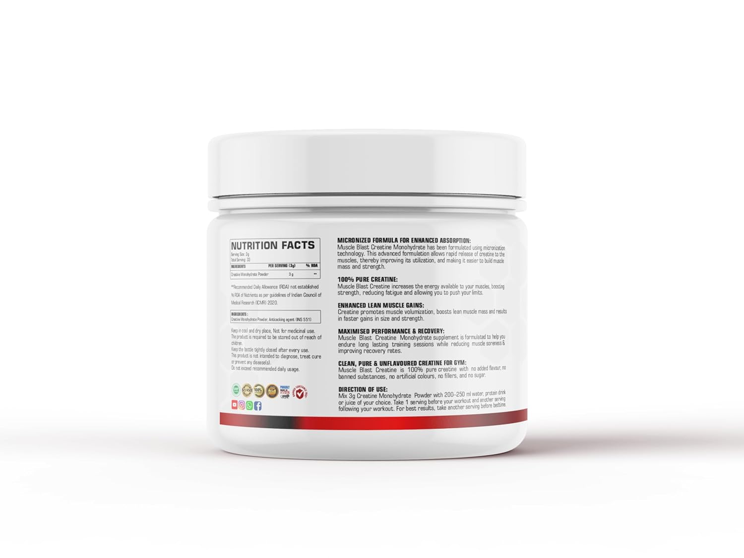 MUSCLE BLAST MICRONIZED CREATINE | CREATINE MONOHYRATE | IMPROVE RECOVERY | 3G CREATINE PER SERVING | (UNFLAVOURED) (100GM)