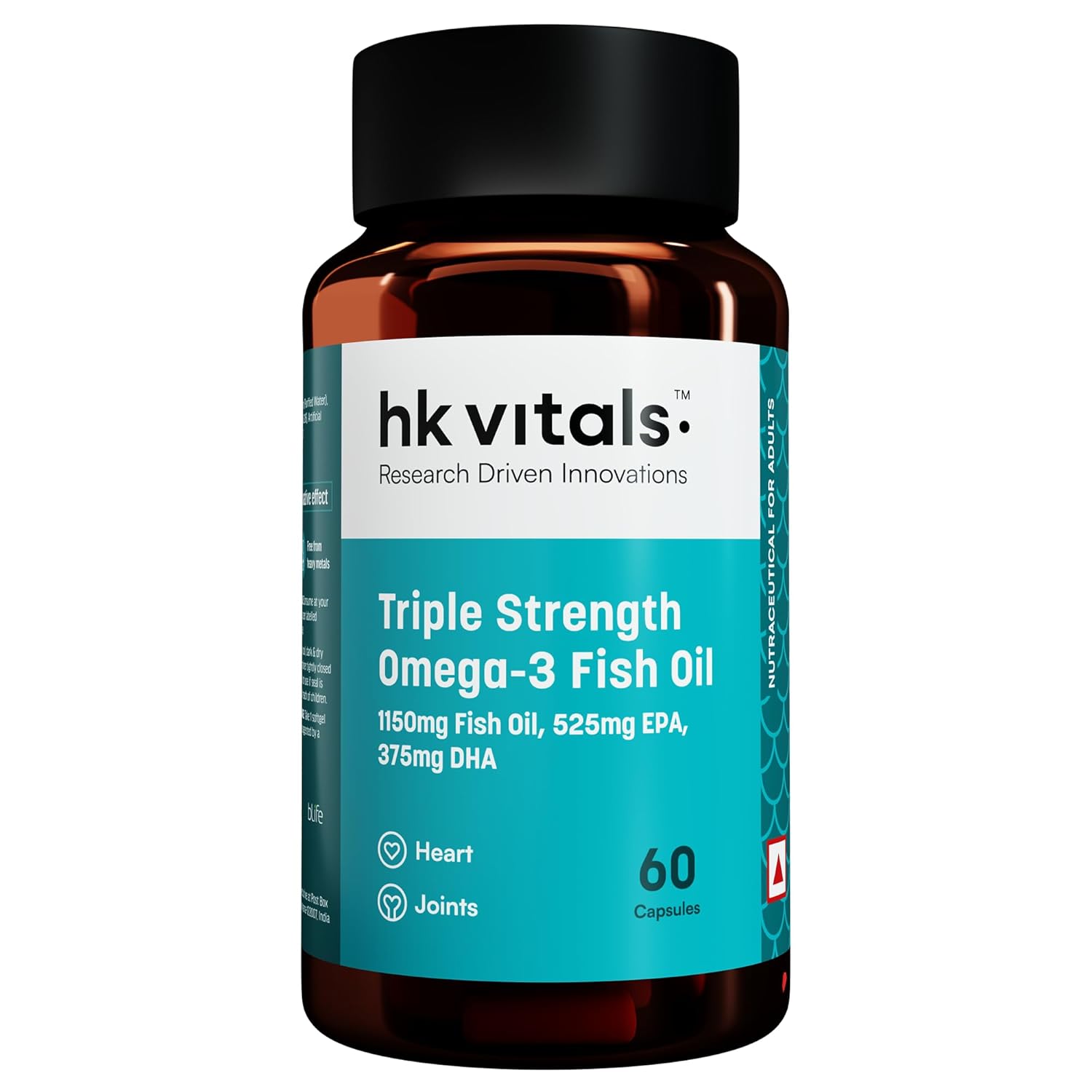 hk vitals Triple Strength Omega-3 Fish Oil Supplement (60 Capsules) | For Men and Women, 525mg EPA & 375mg DHA | For Healthy Heart & Joints