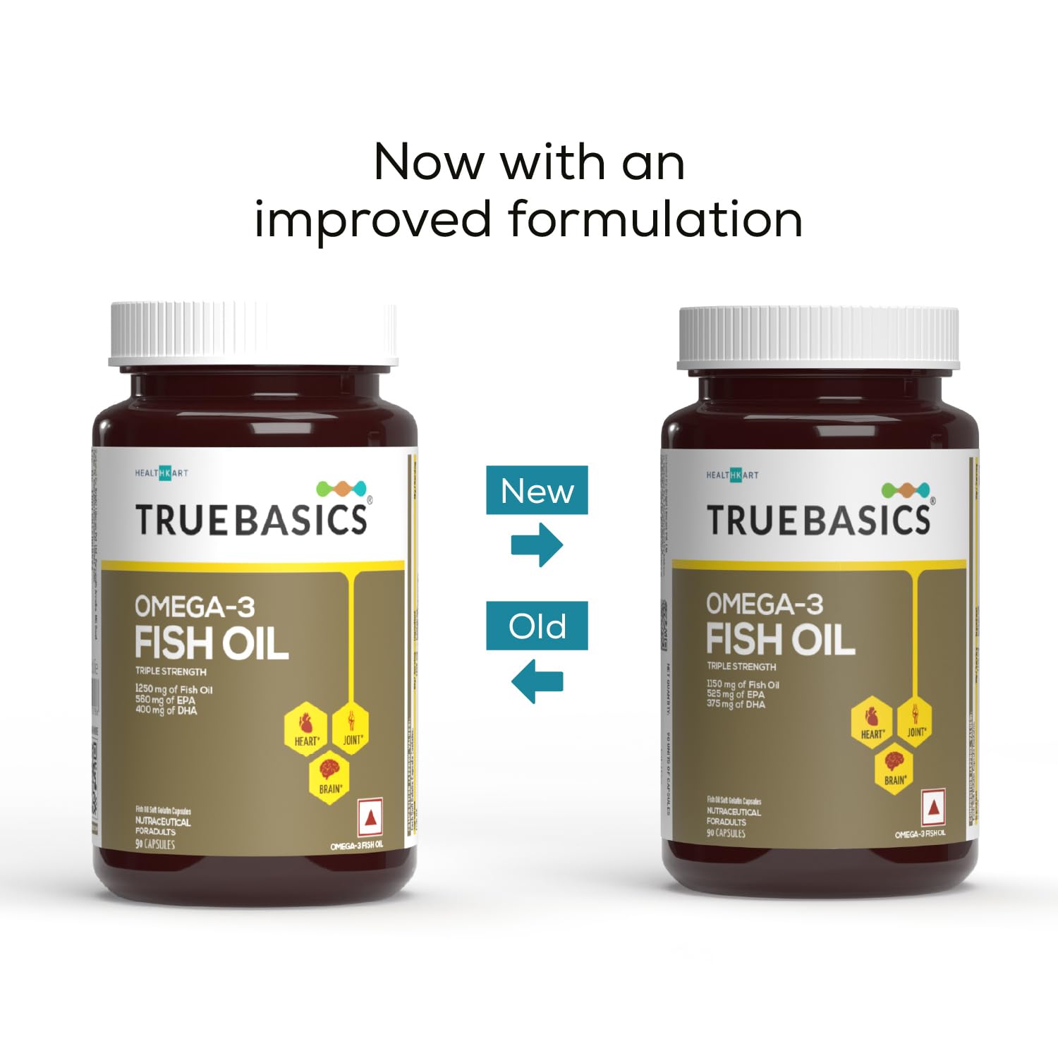 TrueBasics Omega 3 Fish Oil (90 Capsules) | Triple Strength with 1150mg Omega, 525mg EPA & 375mg DHA | For Healthy Heart, Eyes & Joints, 90 grams