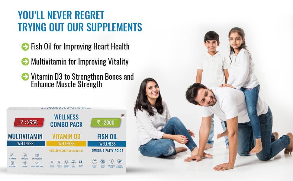 Steadfast Nutrition Wellness Combo Nutrition Pack for Stronger Bones, Improves Sleep Quality, Powerful Antioxidant, Healthy Hair and Skin (Multivitamin + Fish oil + Vitamin D3)
