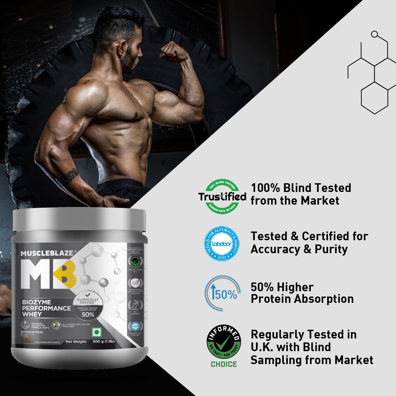 MuscleBlaze Biozyme Performance Whey 500G Rich Chocolate image 2