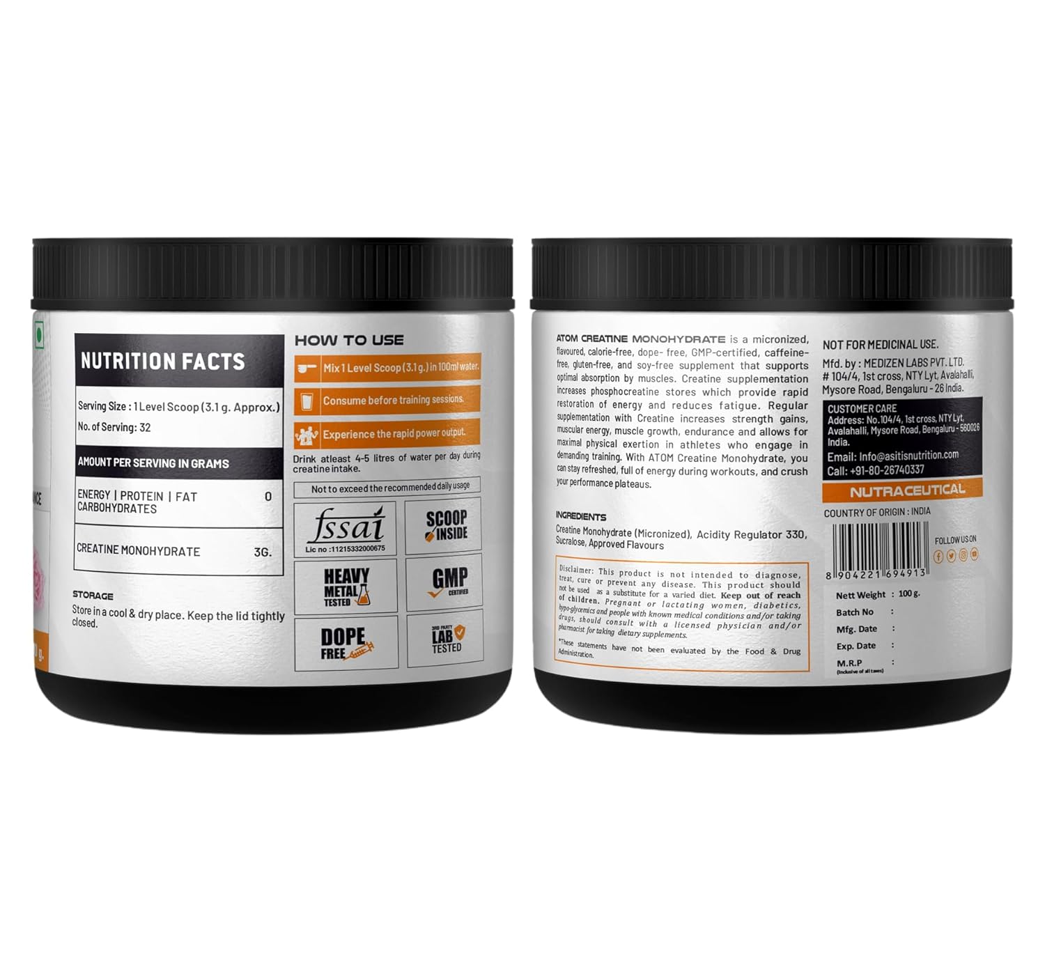 AS-IT-IS ATOM Creatine Monohydrate 100g - 32 Servings, Classic Rose, Dope free, Enhances Performance, Promotes Muscle Gains