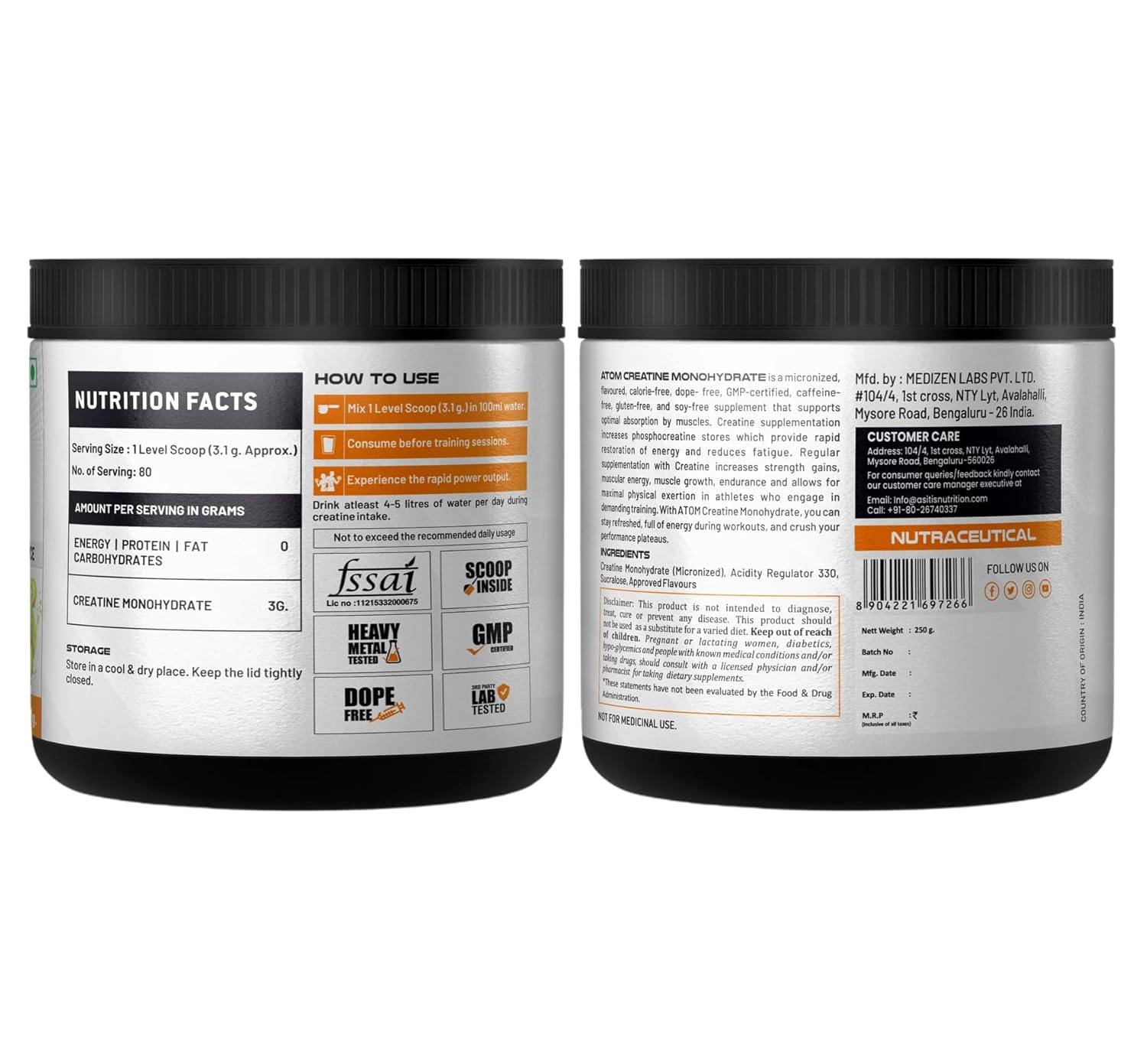 AS-IT-IS ATOM Creatine Monohydrate 250g - 80 Servings | Dope Free | Enhances Performance | Promotes Muscle Gains | Kiwi Fusion Flavour