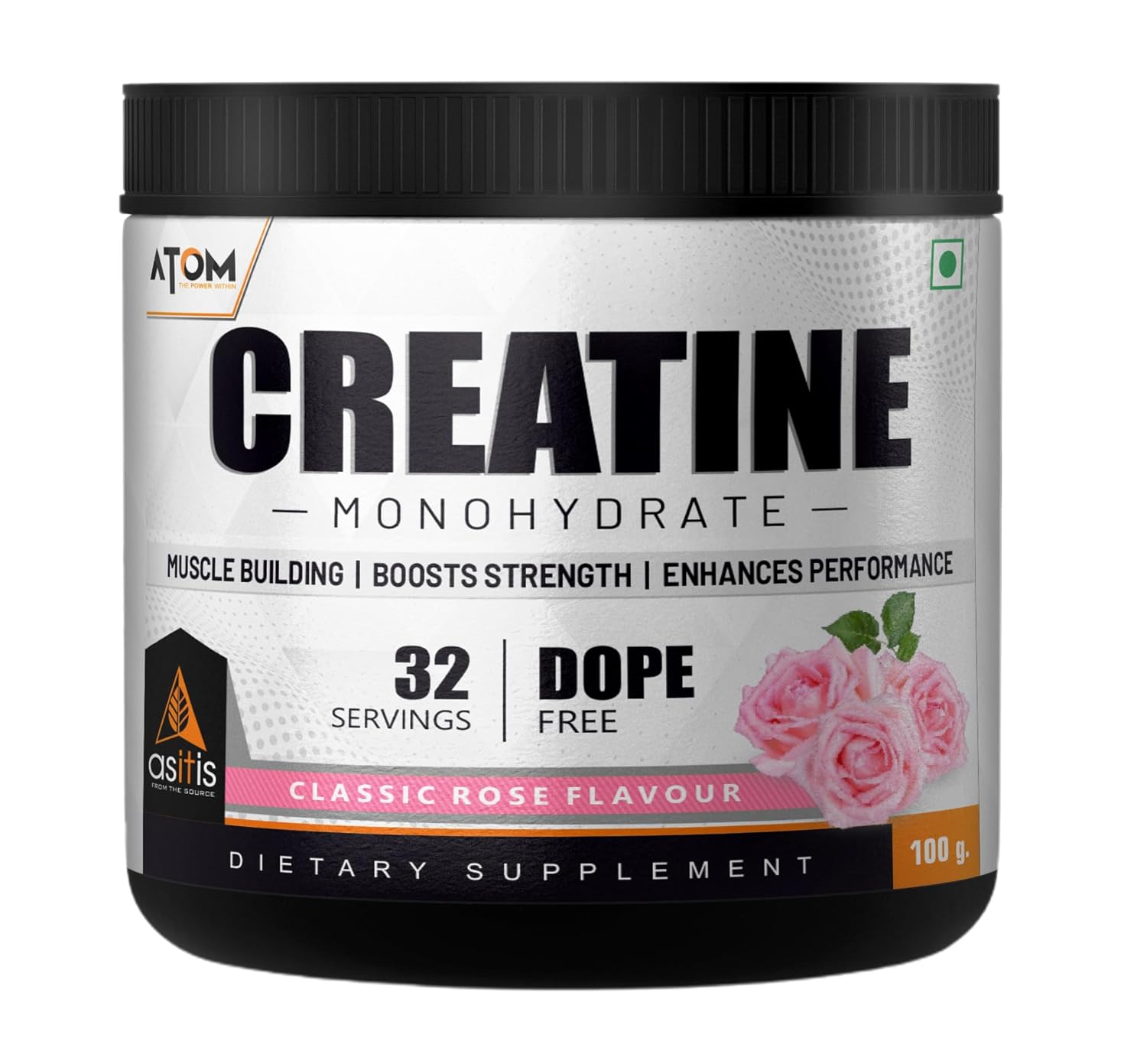 AS-IT-IS ATOM Creatine Monohydrate 100g - 32 Servings, Classic Rose, Dope free, Enhances Performance, Promotes Muscle Gains