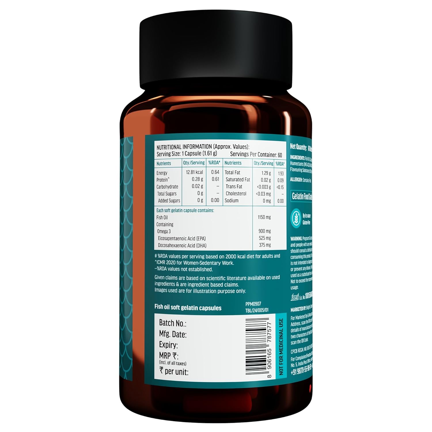 hk vitals Triple Strength Omega-3 Fish Oil Supplement (60 Capsules) | For Men and Women, 525mg EPA & 375mg DHA | For Healthy Heart & Joints