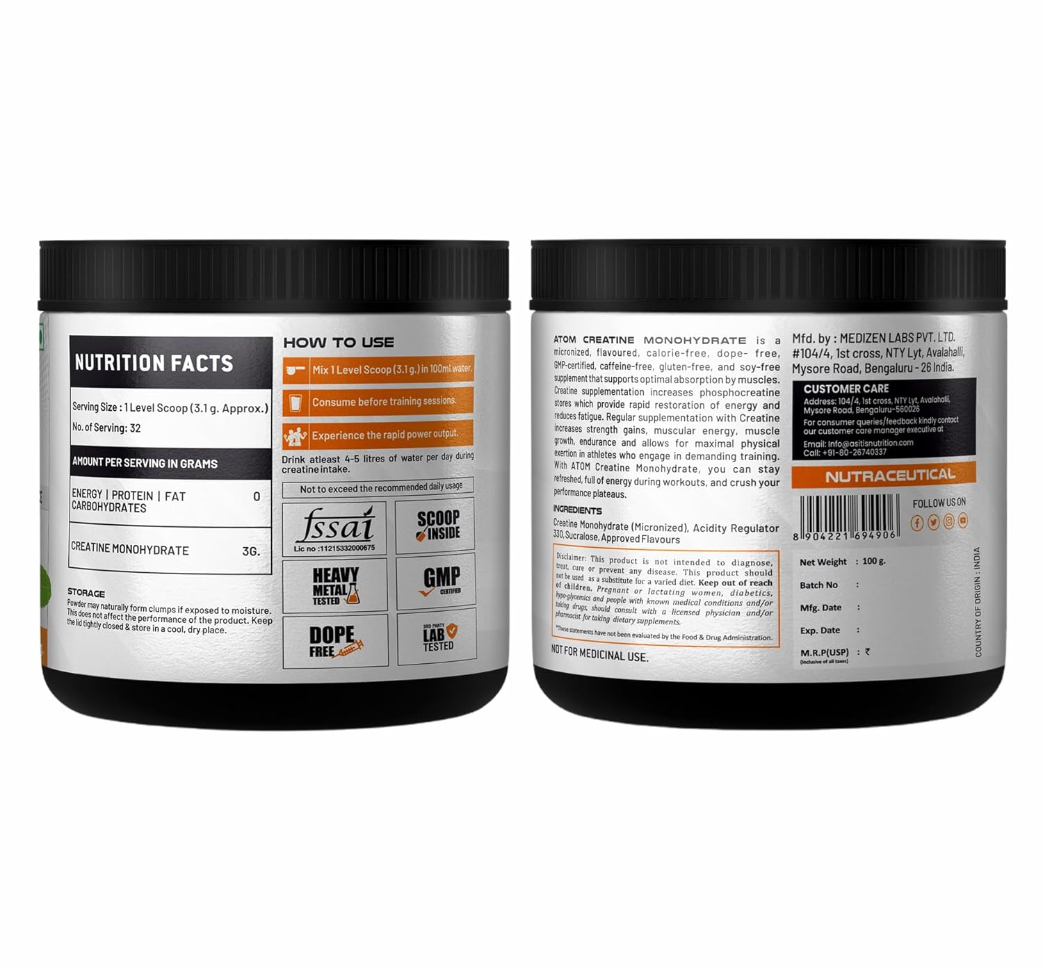 AS-IT-IS ATOM Creatine Monohydrate 100g - 32 Servings, Cool Spearmint, Dope free, Enhances Performance, Promotes Muscle Gains