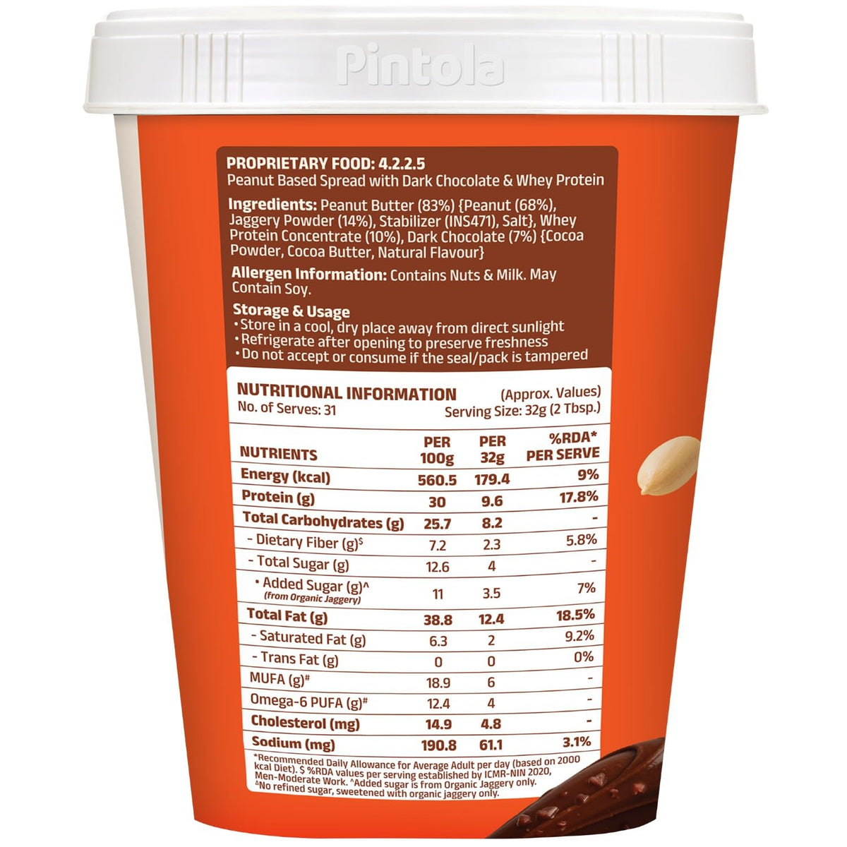 PINTOLA HIGH PROTEIN PEANUT BUTTER 1 KG DARK CHOCOLATE CRUNCHY