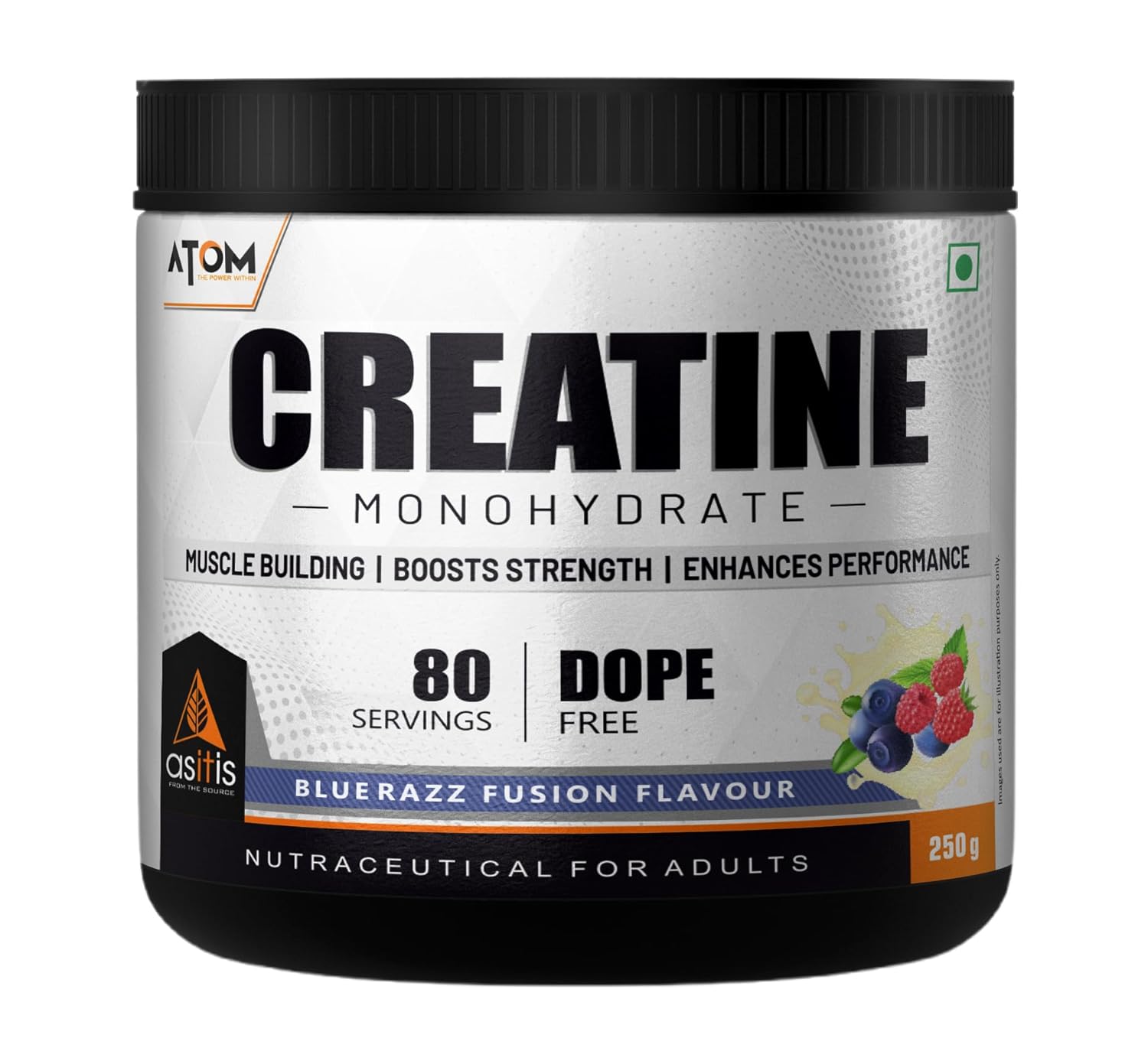 AS-IT-IS ATOM Creatine Monohydrate 250g - 80 Servings | Dope Free | Enhances Performance | Promotes Muscle Gains | Blue Razz Flavour