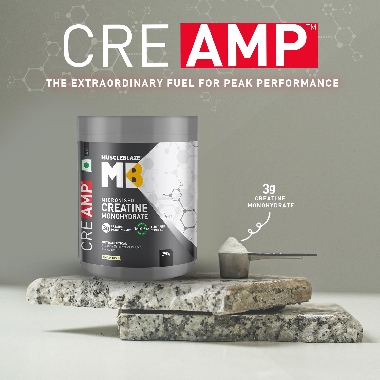 MuscleBlaze Micronised Creatine Monohydrate CreAMP Powder, Unflavoured (80 Servings, 250g) | Trustified Certified Creatine