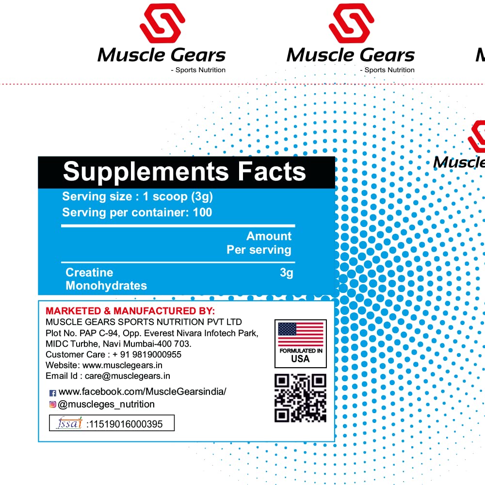 Muscle Gears Creatine Monohydrate's Pure Performance Boost & Unleash Your Potential | ISO & FSSAI Certified For Post-workout & Pre-workout Nutritional Food Supplements. (100 Servings.)
