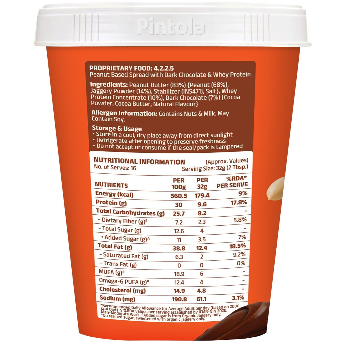 PINTOLA HIGH PROTEIN PEANUT BUTTER 510 GM DARK CHOCOLATE CREAMY