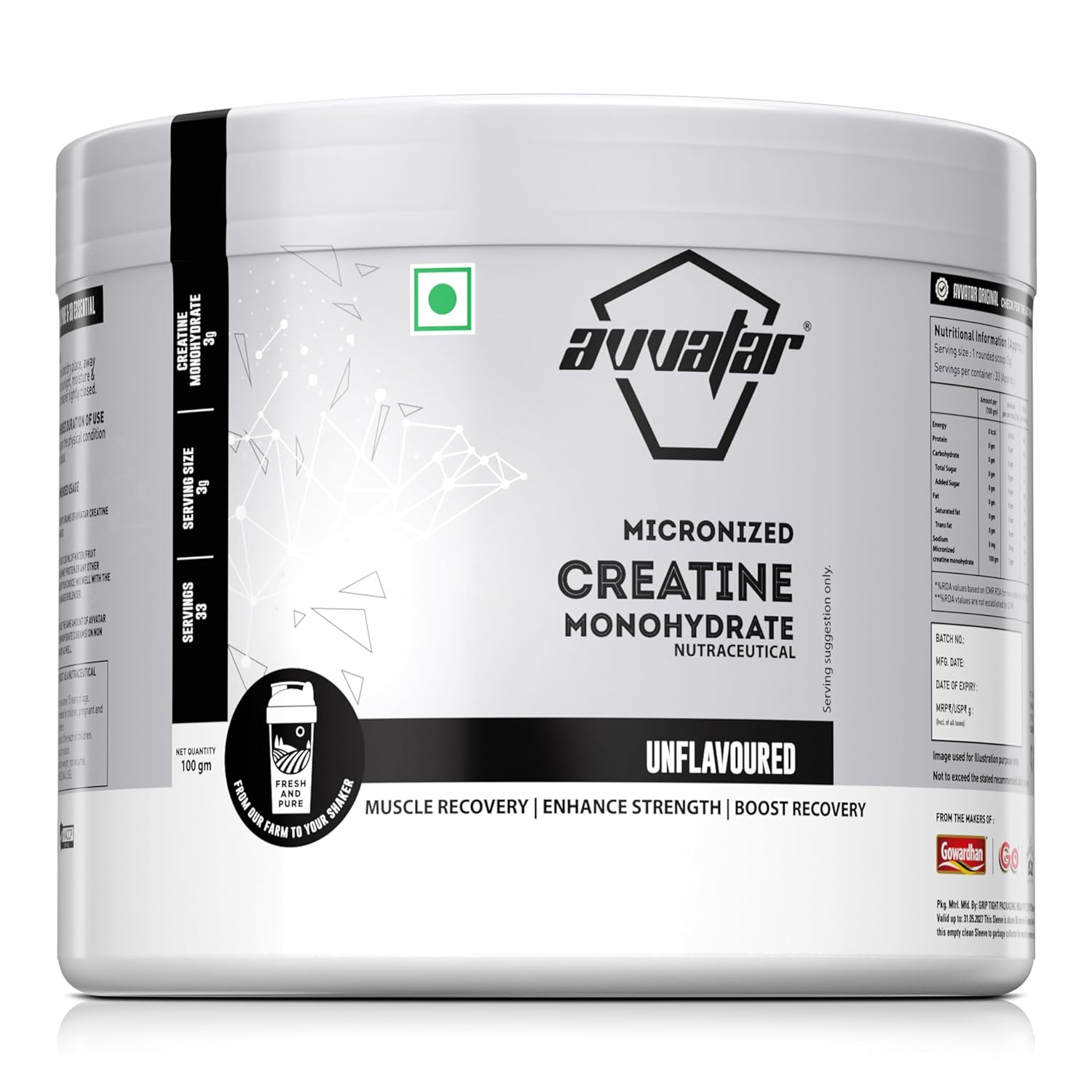 Avvatar Micronized Creatine Monohydrate Powder (100 G,33 Servings)|Unflavoured|Muscle Recovery|Enhance Strength|Boost Recovery,1 Count
