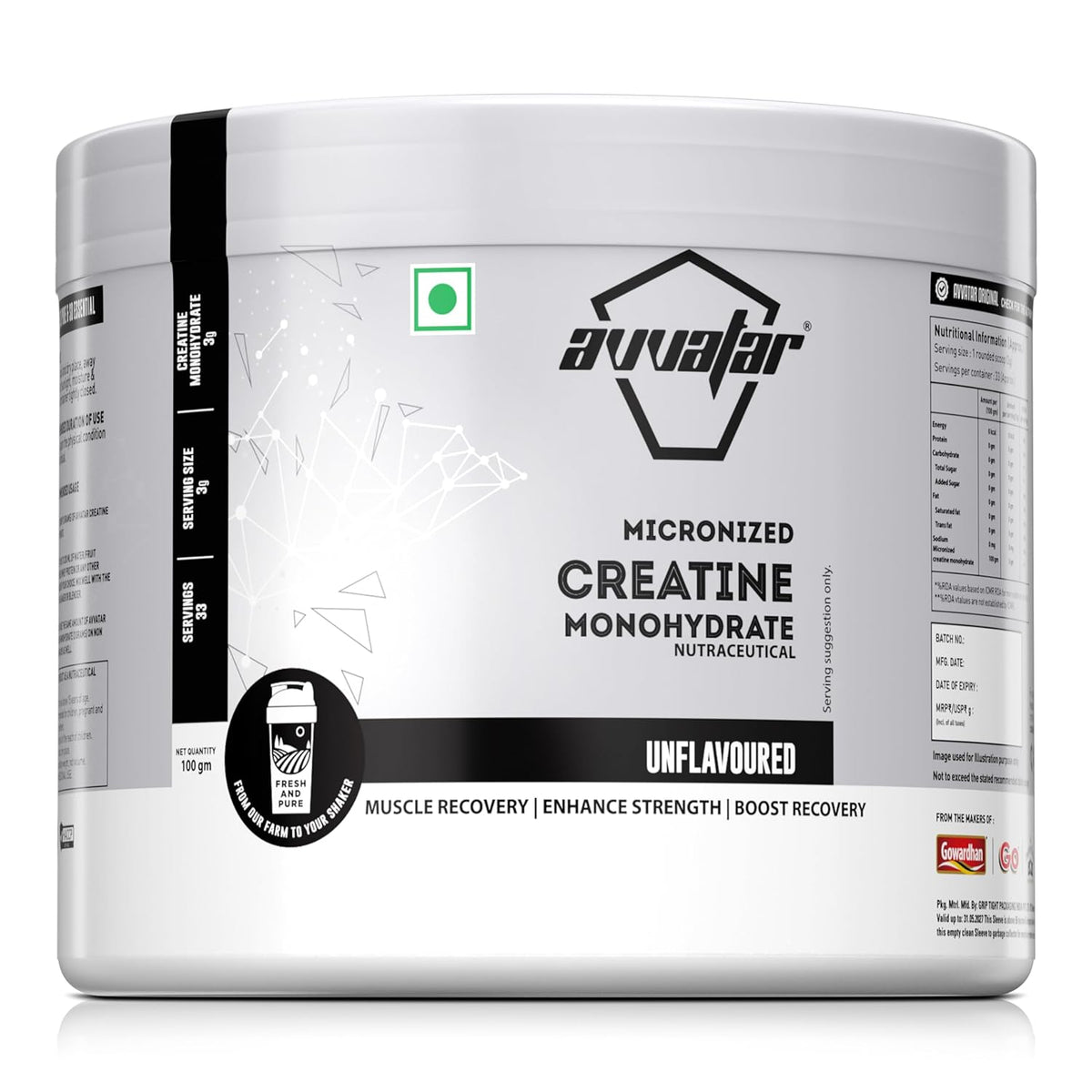 Avvatar Micronized Creatine Monohydrate 100 Gm Unflavoured - Front