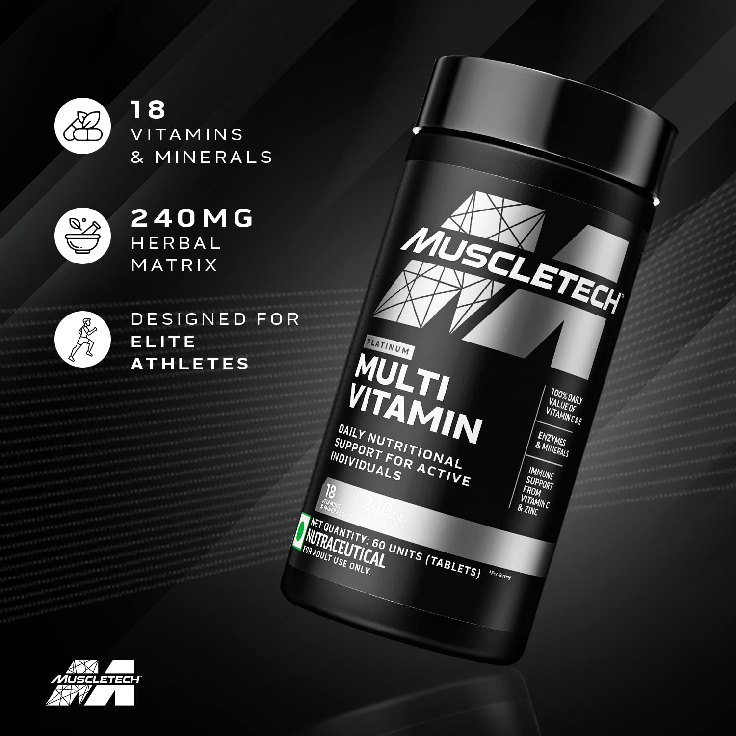 MuscleTech Platinum Multivitamin,Vitamin C for Immune Support,18 Vitamins & Minerals,60 Tablets, 150 grams