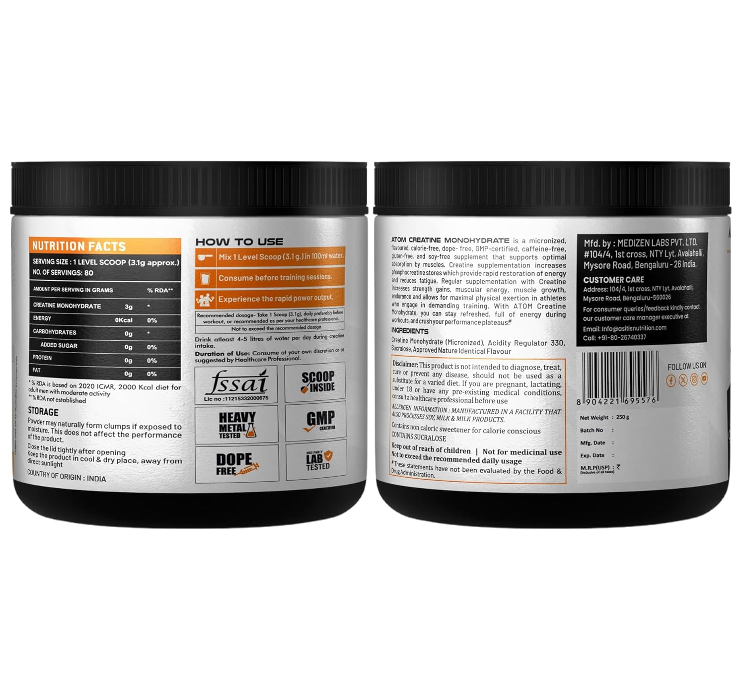 AS-IT-IS ATOM Creatine Monohydrate 250g - 80 Servings | Dope Free | Enhances Performance | Promotes Muscle Gains | Blue Razz Flavour