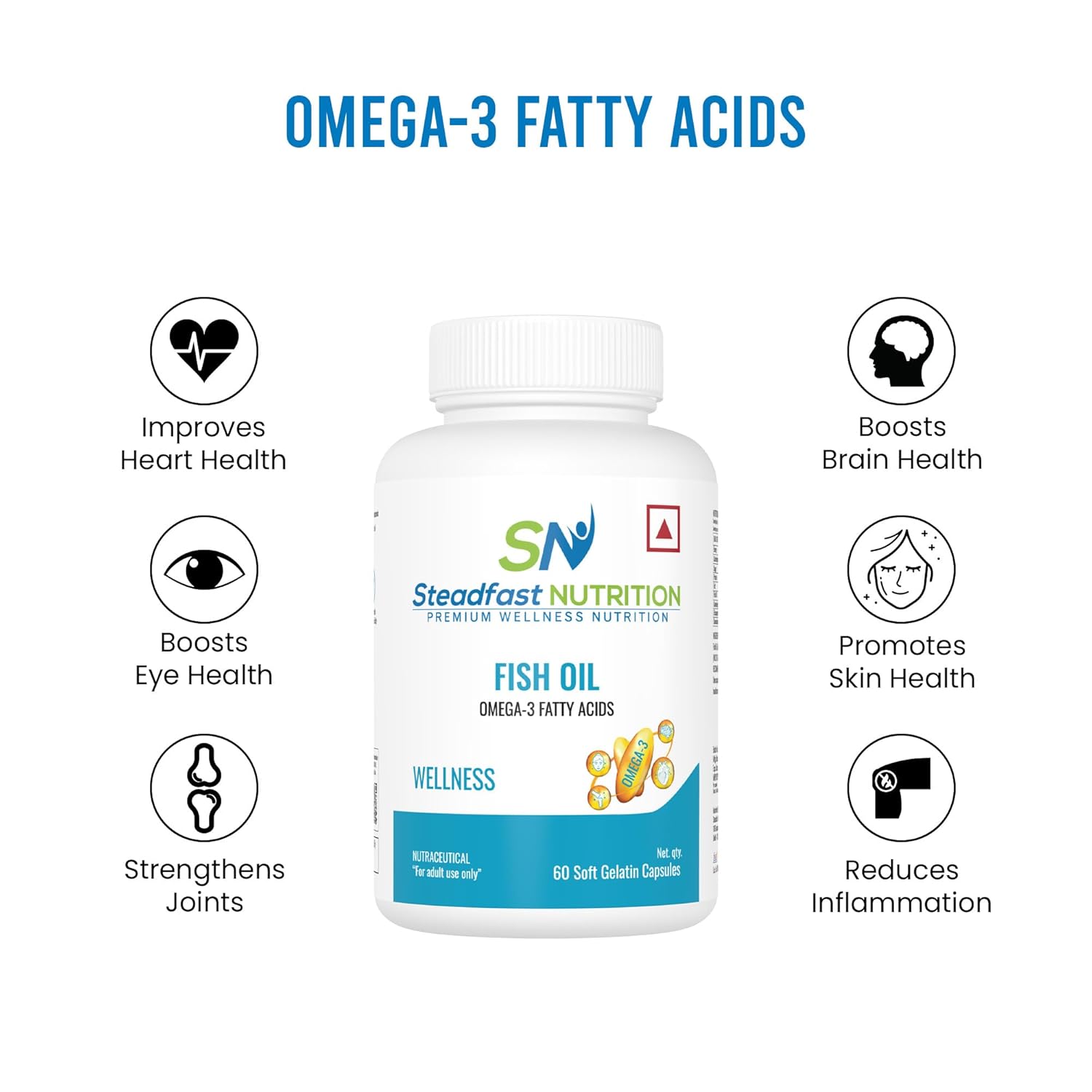 Steadfast Nutrition Omega 3 Fish Oil Capsule 1000mg Triple Strength for Healthy Heart, Brains, Joints & Body, for Men & Women 60 Softgel Capsules