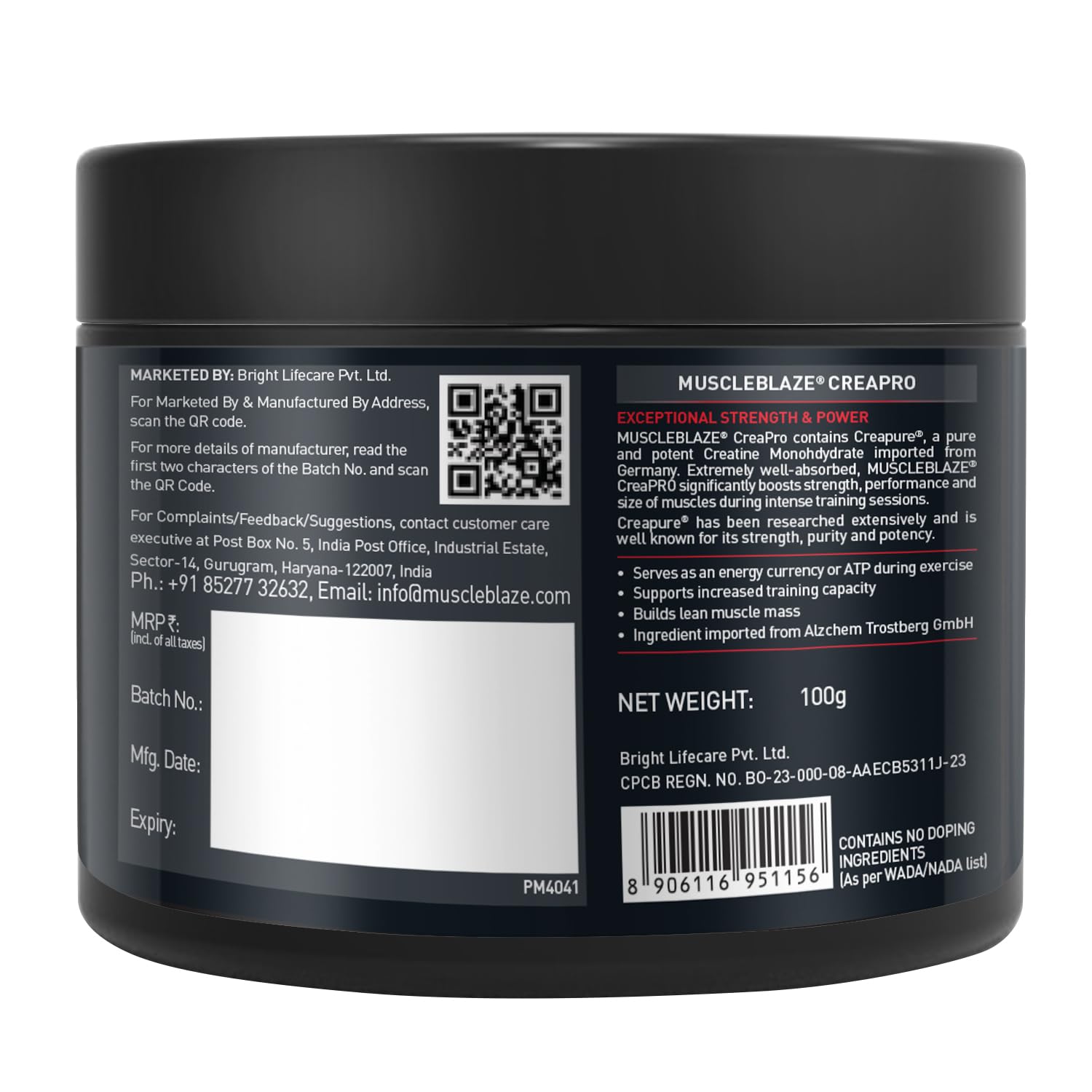 MuscleBlaze CreaPRO Creatine Monohydrate Powder with Creapure, Unflavoured (33 Servings, 100g)