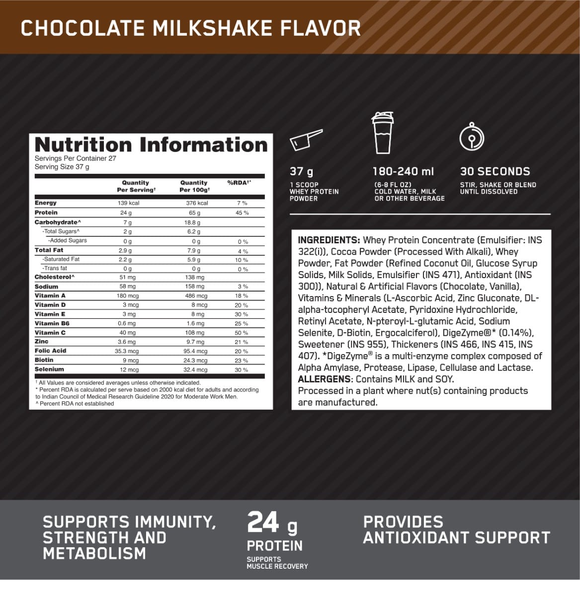 Optimum Nutrition Performance Whey 1 Kg Chocolate Milkshake
