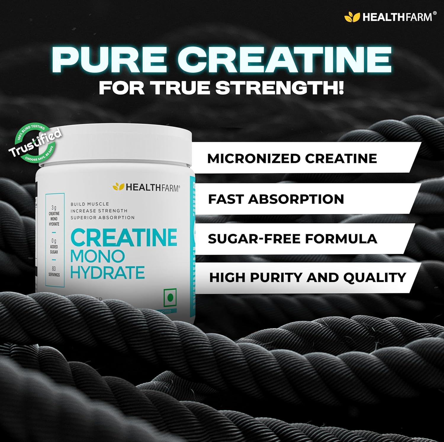 Healthfarm Creatine Monohydrate Powder - 3g of Micronized Creatine Powder per Serving,Lab Tested(250 GM) Enhanced Muscle Strength and Power | Fast Recovery | Increased Muscle Mass