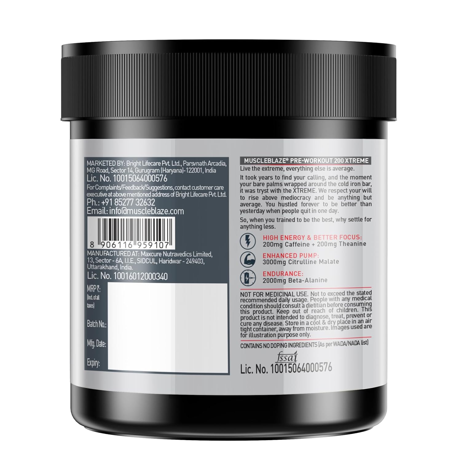 MuscleBlaze Pre Workout 200 Xtreme (Berry Bolt, 30 Servings, 100g) | 200mg Caffeine, 200mg Theanine, 2000mg Beta Alanine, 3000mg Citrulline