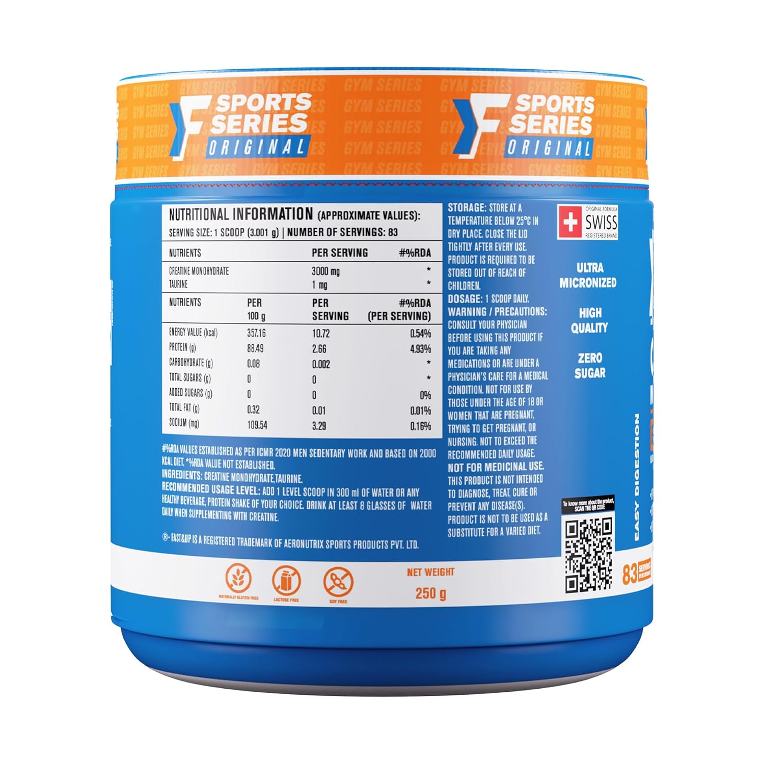Fast&Up Creatine Monohydrate (Pack of 250g Powder, 83 Servings, Unflavored) Supports Muscle Endurance & Improved Athletic Performance, Provides Energy for Intense Workout
