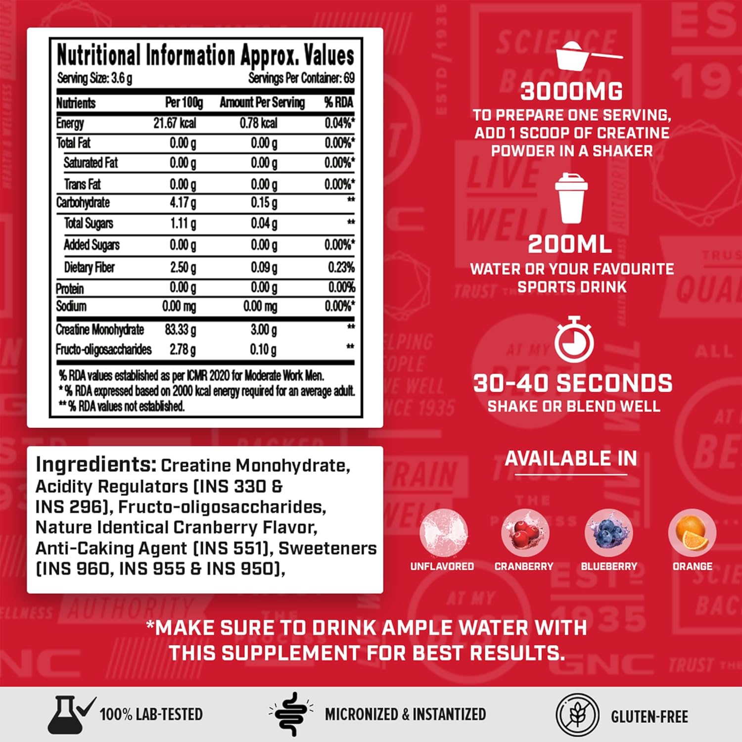 GNC Pro Performance Pure Micronized Creatine Monohydrate |250 gm & 10 gm Shilajit|Instantized|Fuels Muscles|Increase Muscle Mass|Rapid Absorption|Cranberry,powder,2 count,69 Servings