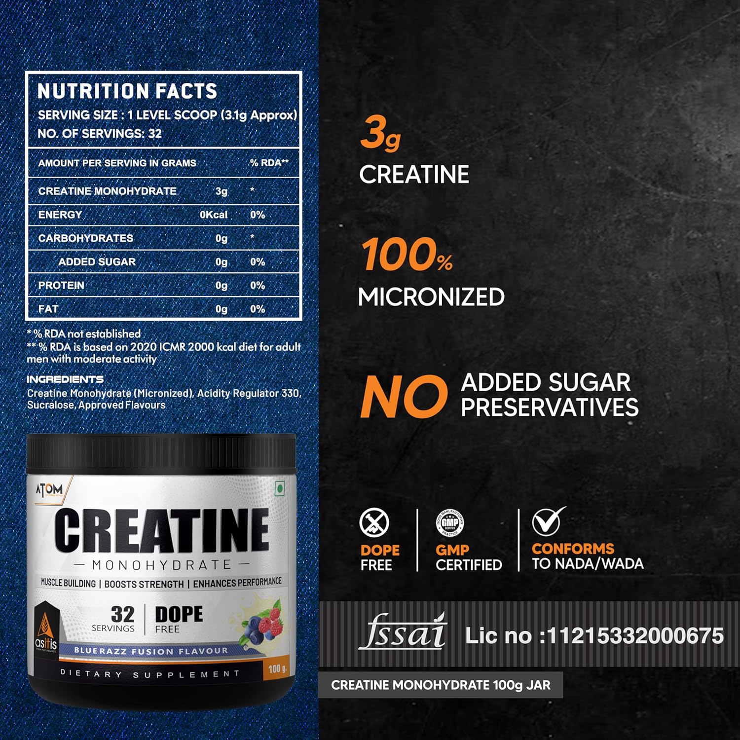 AS-IT-IS ATOM Creatine Monohydrate 100g - 32 Servings | Dope Free | Enhances Performance | Promotes Muscle Gains | Blue razz Flavour