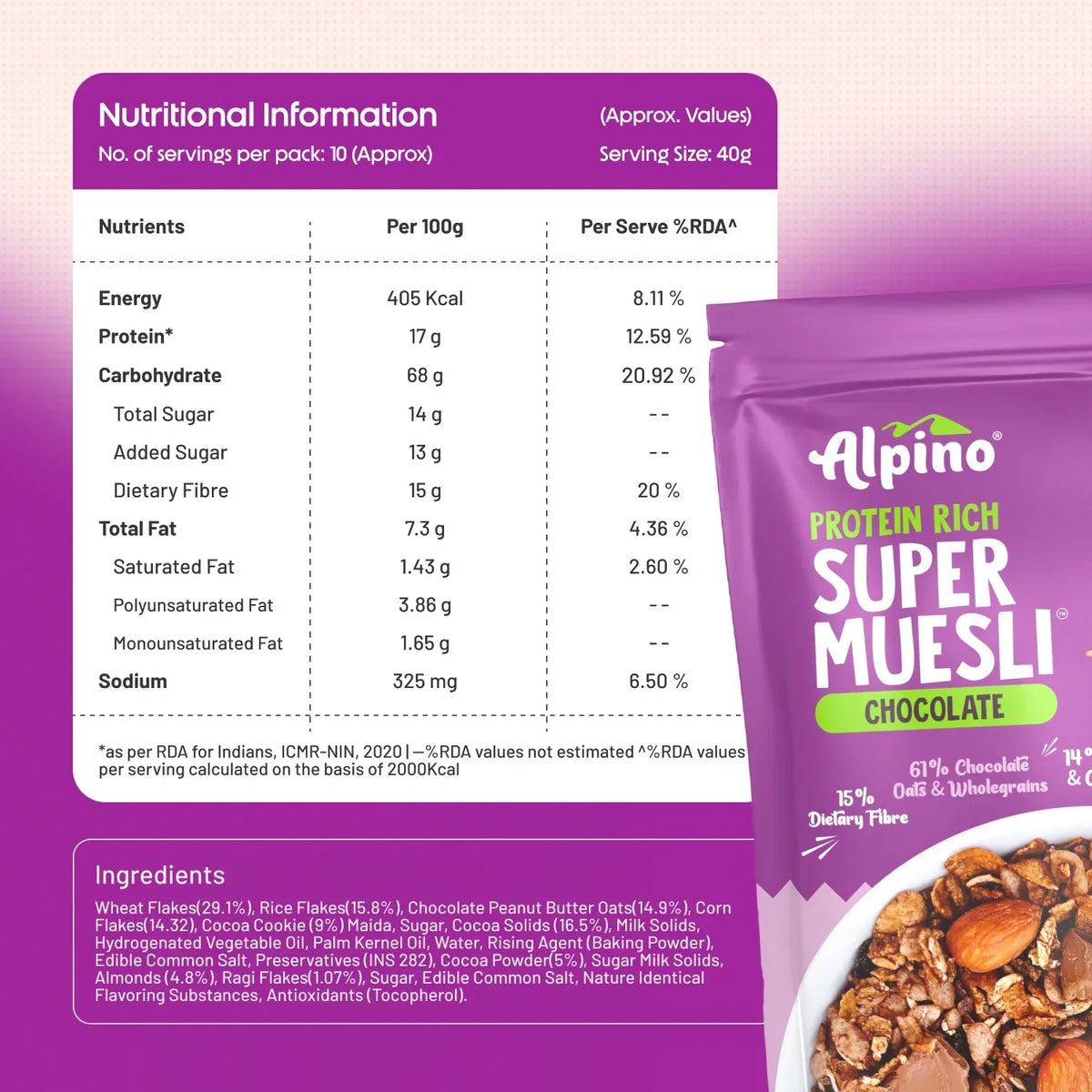 Alpino Protein Rich Super Muesli 750 Gm Chocolate - front