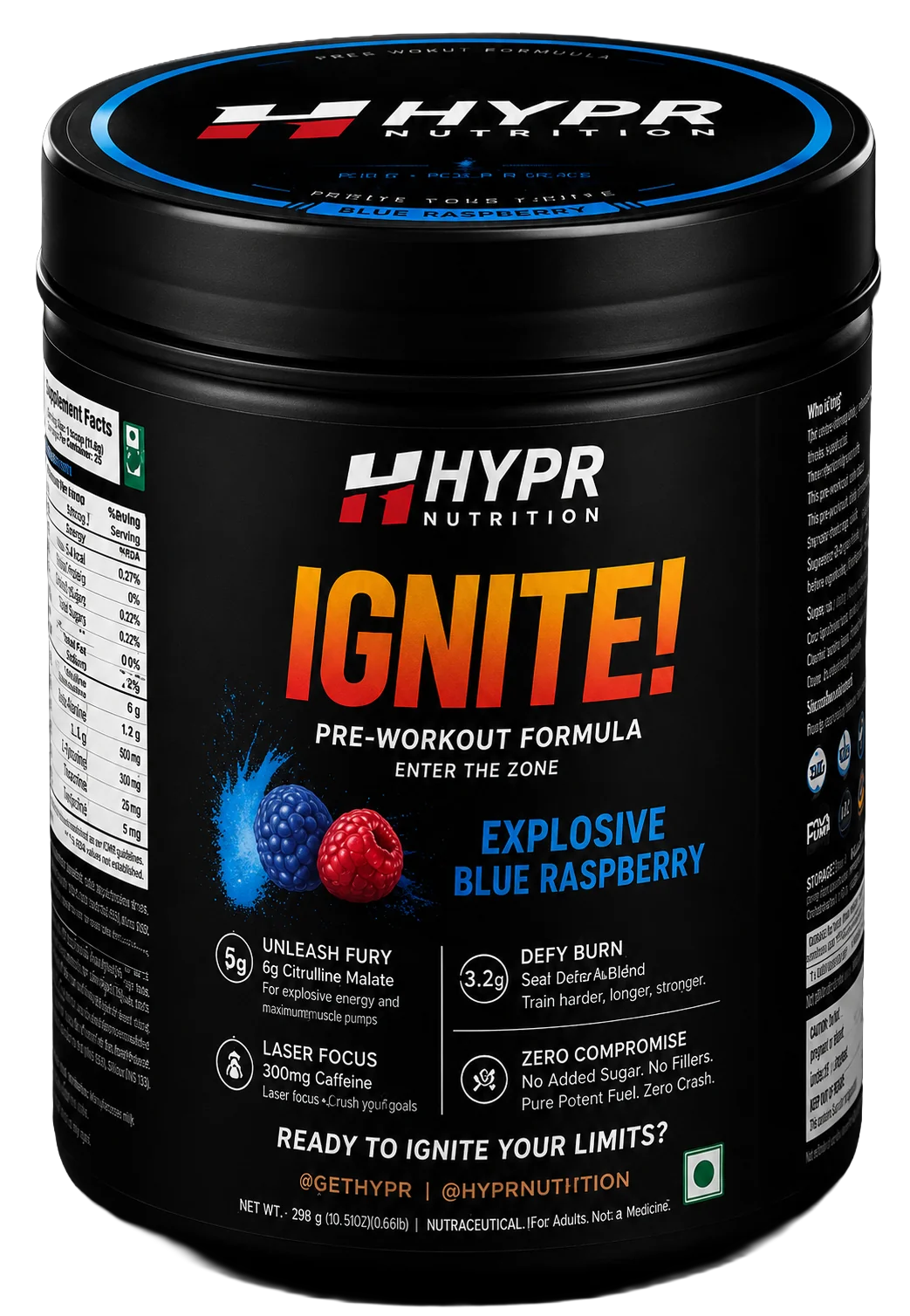 Hypr Nutrition Ignite Pre Workout 280 Gm Explosive Blue Raspberry - front