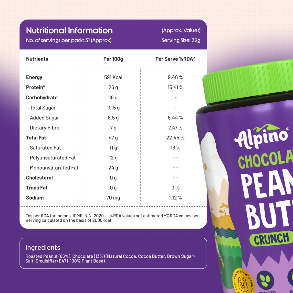 Alpino Chocolate Peanut Butter 1 Kg Crunch - front