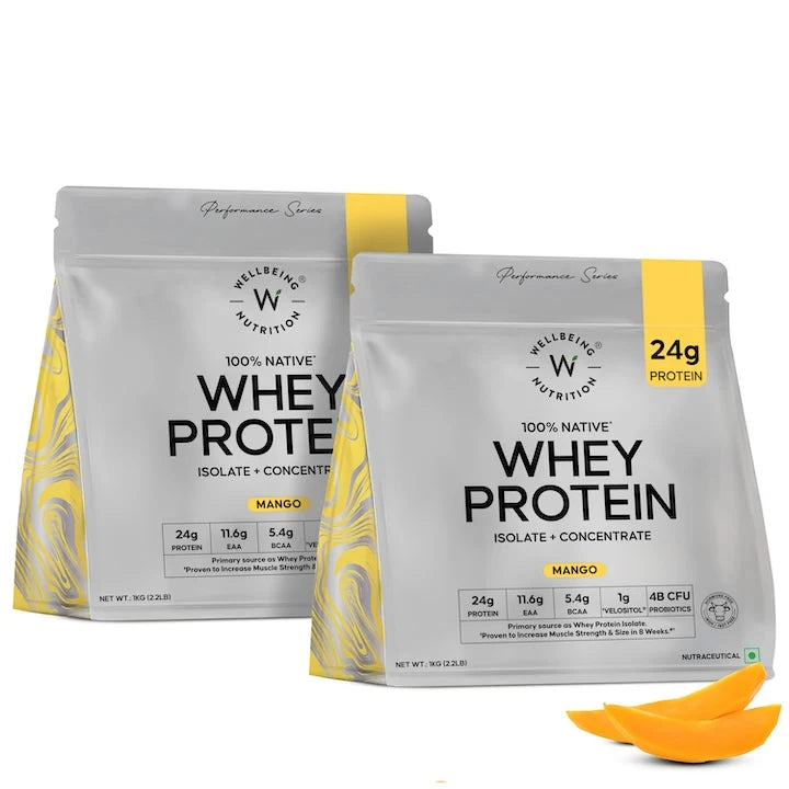 Wellbeing Nutrition 100% Native Whey Protein Isolate + Concentrate 1 Kg Mango