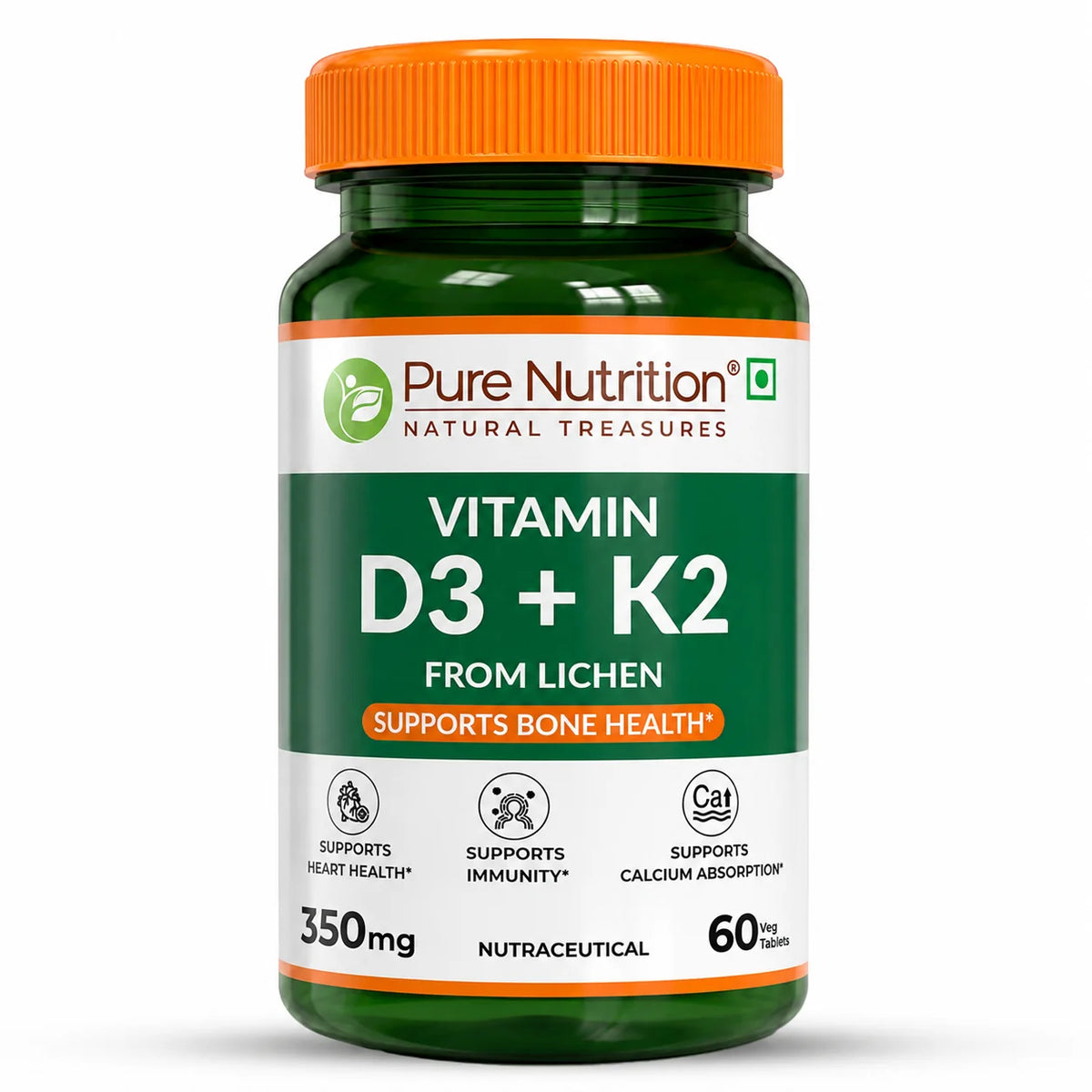 Pure Nutrition Vitamin D3 + K2 350 Mg 60 Veg Tablets - front