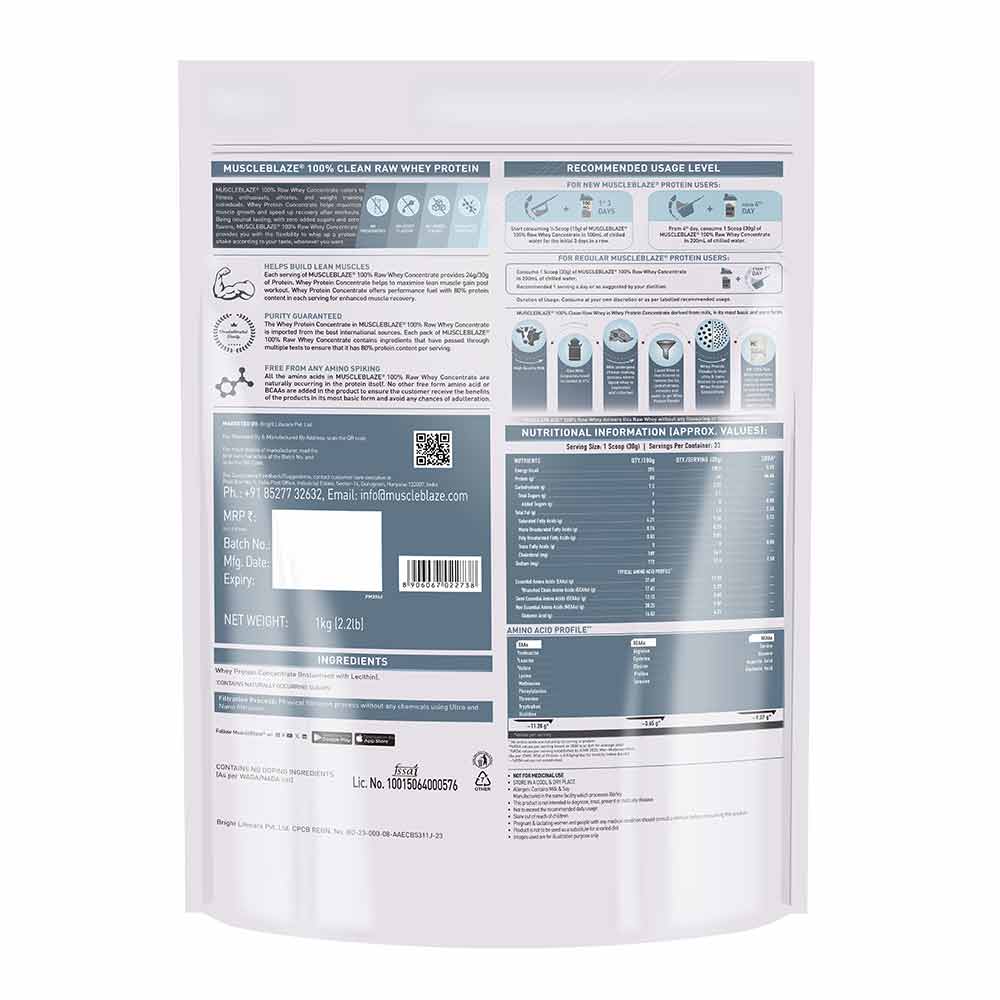Muscleblaze 100% Clean Raw Whey Concentrate 1 Kg Unflavour