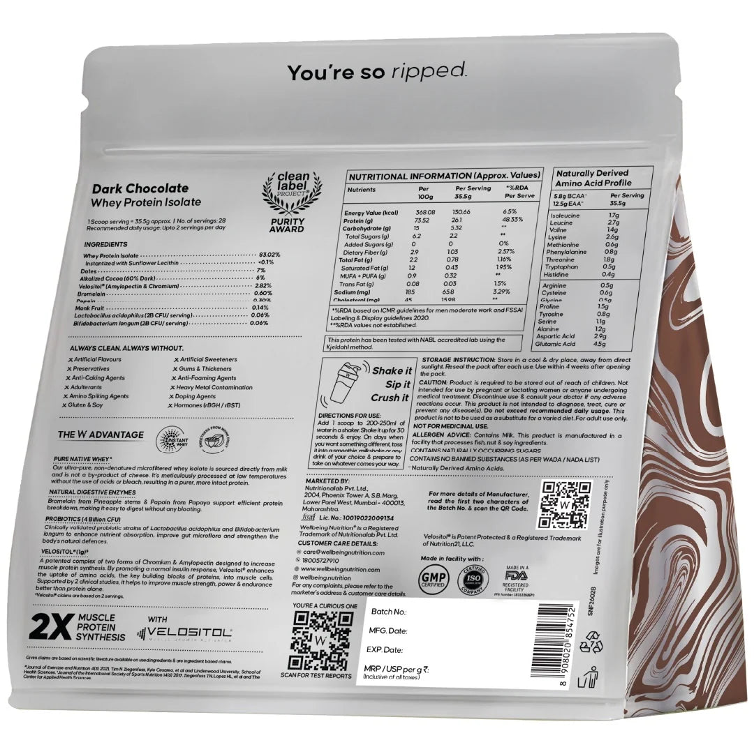 WELLBEING NUTRITION 100% WHEY PROTEIN ISOLATE 1 KG DARK CHOCOLATE