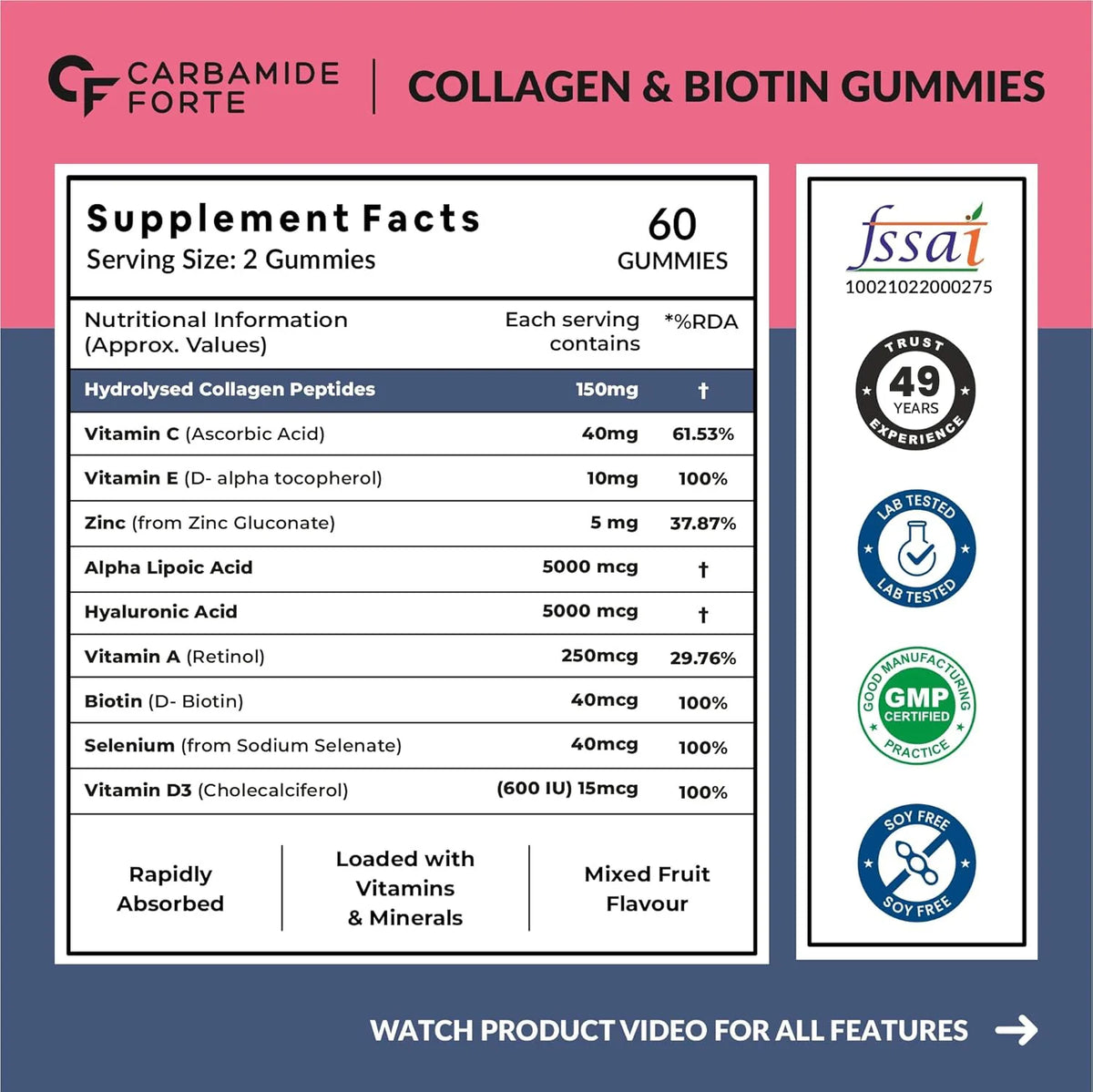 Carbamide Forte Collagen & Biotin 60 Gummies Mixed Fruit